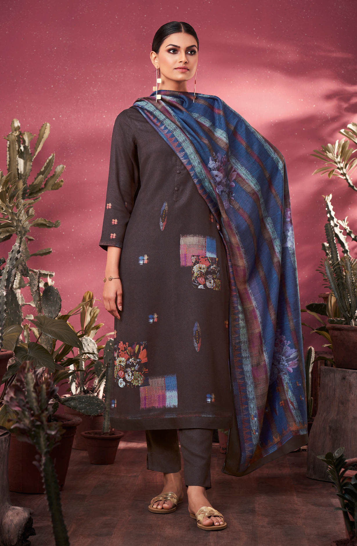 Coffee Cotton Unstitched Digital Print Salwar Suit - MED1254