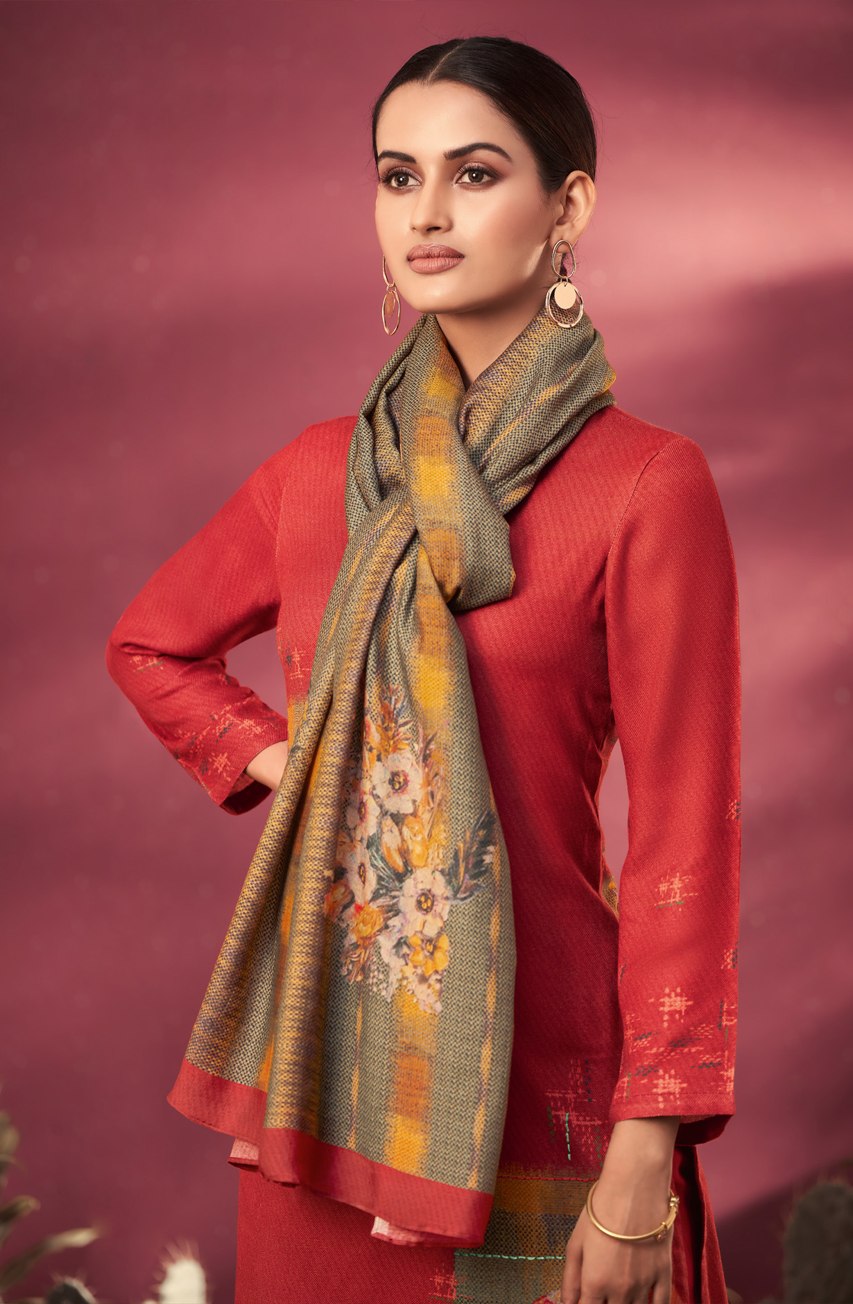 Red Cotton Unstitched Digital Print Salwar Suit - MED1273