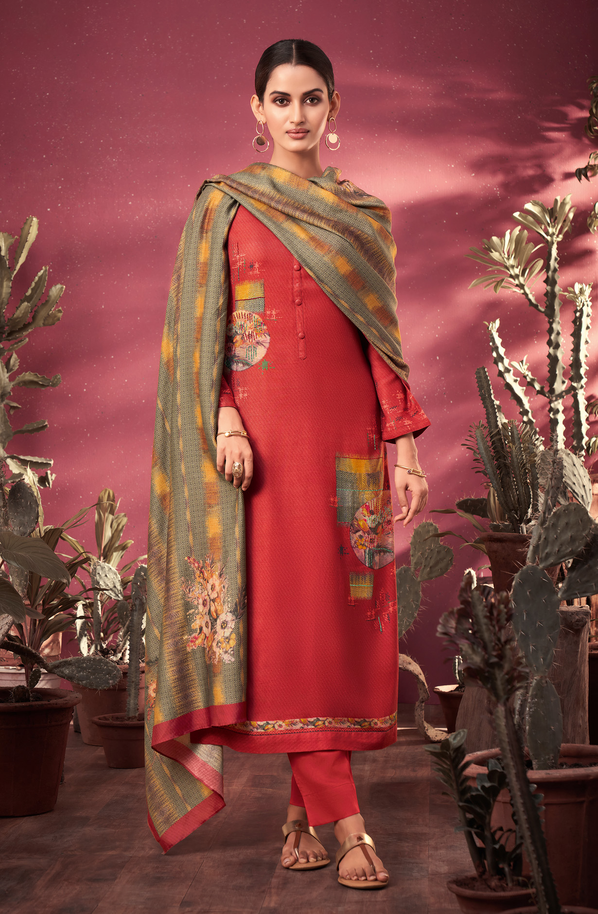 Red Cotton Unstitched Digital Print Salwar Suit - MED1273