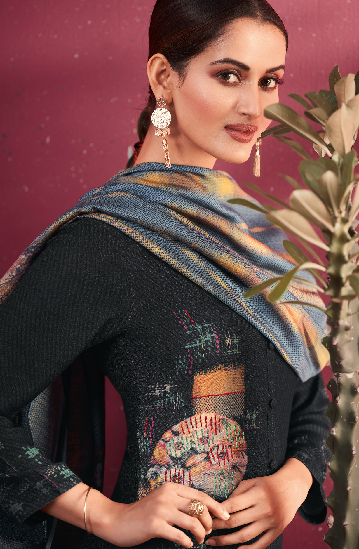 Black Cotton Unstitched Digital Print Salwar Suit - MED1275