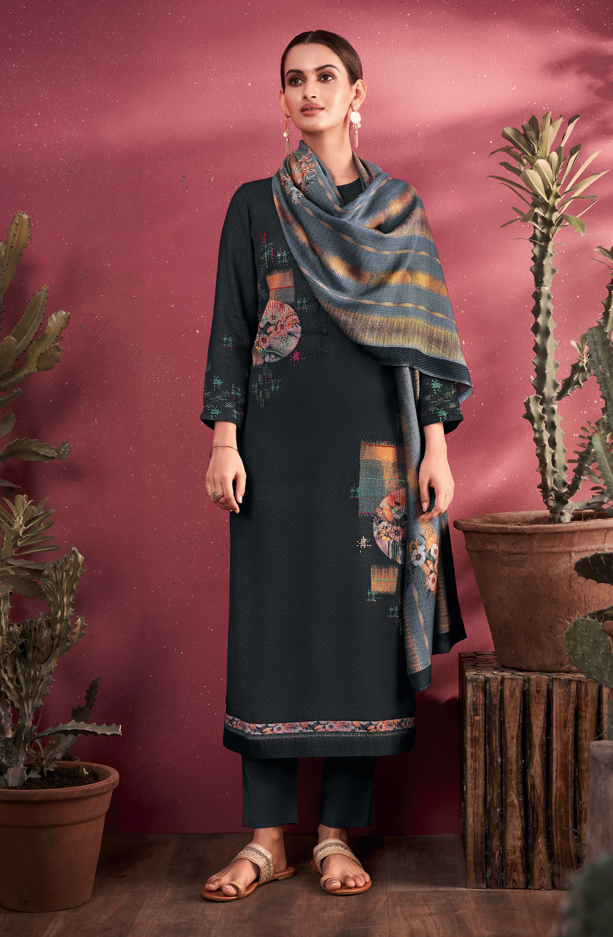 Black Cotton Unstitched Digital Print Salwar Suit - MED1275
