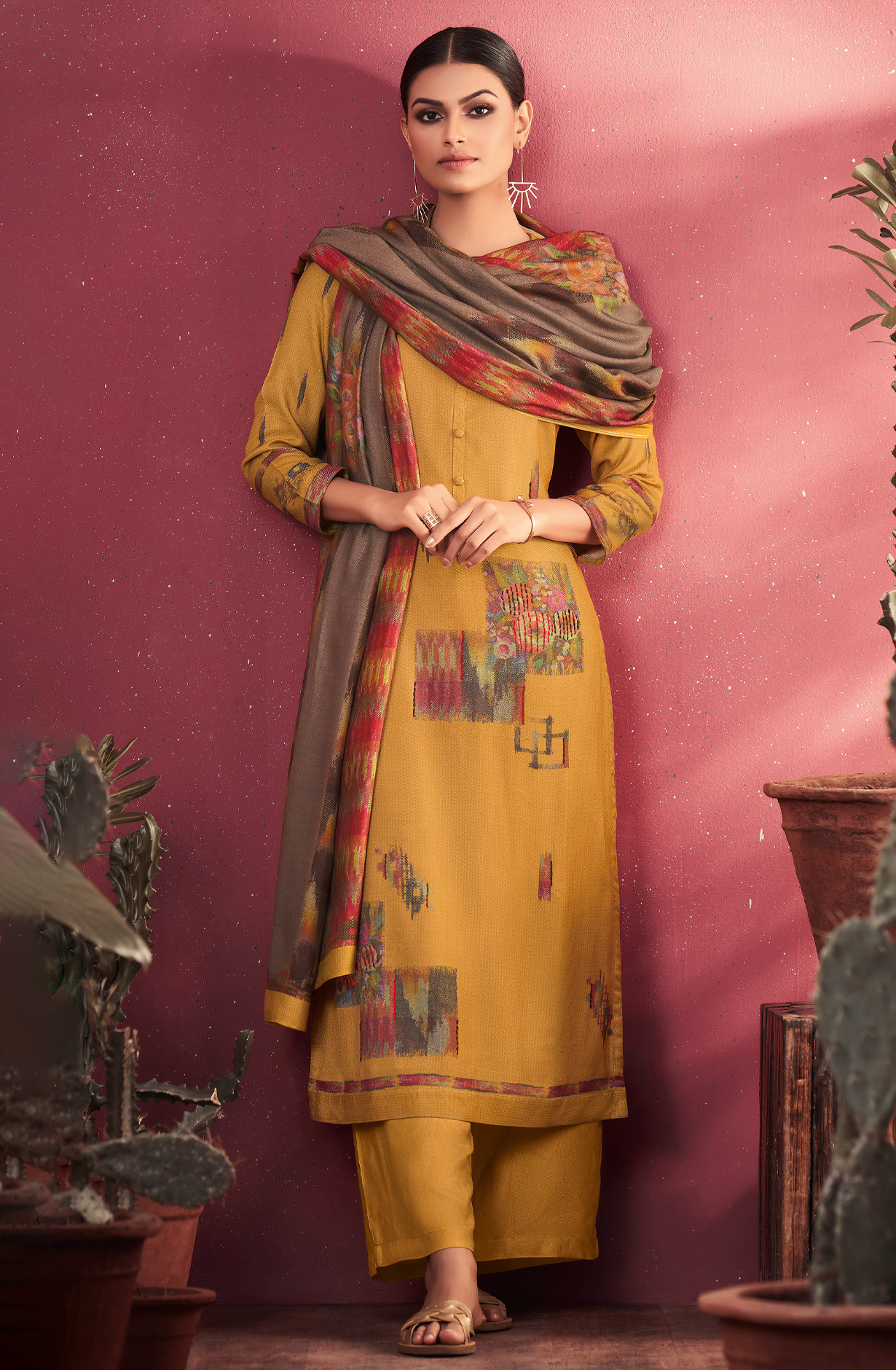 Mustard Cotton Unstitched Digital Print Salwar Suit - MED1279