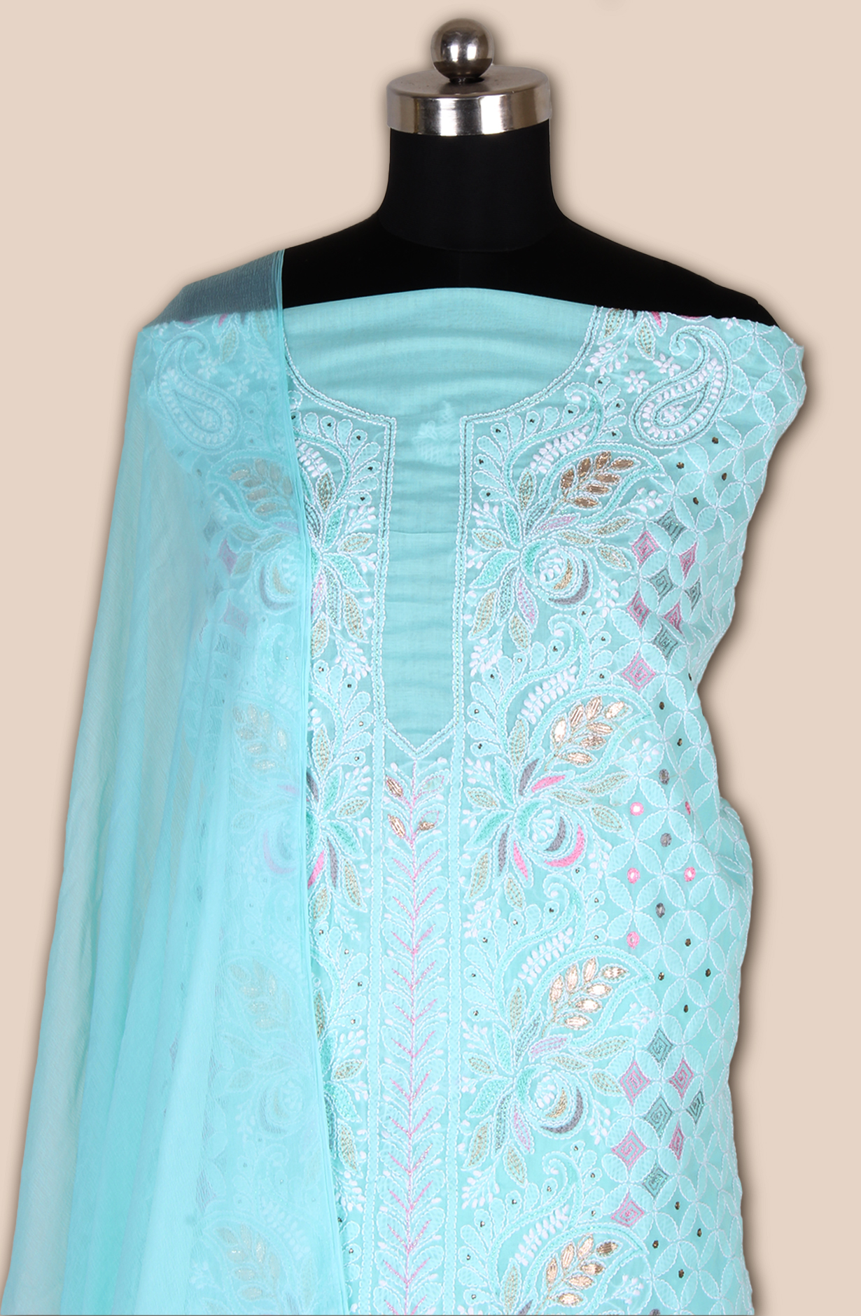 Turquoise Pure Cotton Beautiful Chikankari Embroidered Suit with Chiffon Dupatta - EMBCOT1051
