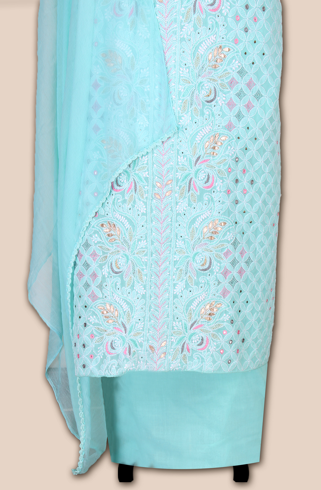 Turquoise Pure Cotton Beautiful Chikankari Embroidered Suit with Chiffon Dupatta - EMBCOT1051