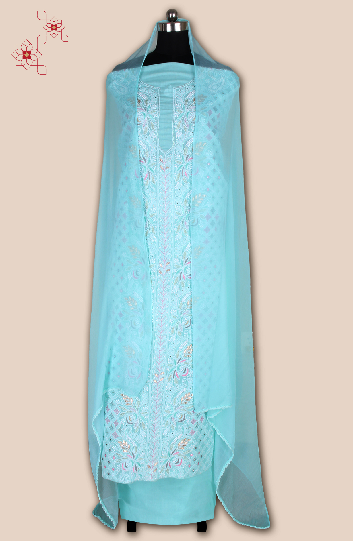 Turquoise Pure Cotton Beautiful Chikankari Embroidered Suit with Chiffon Dupatta - EMBCOT1051