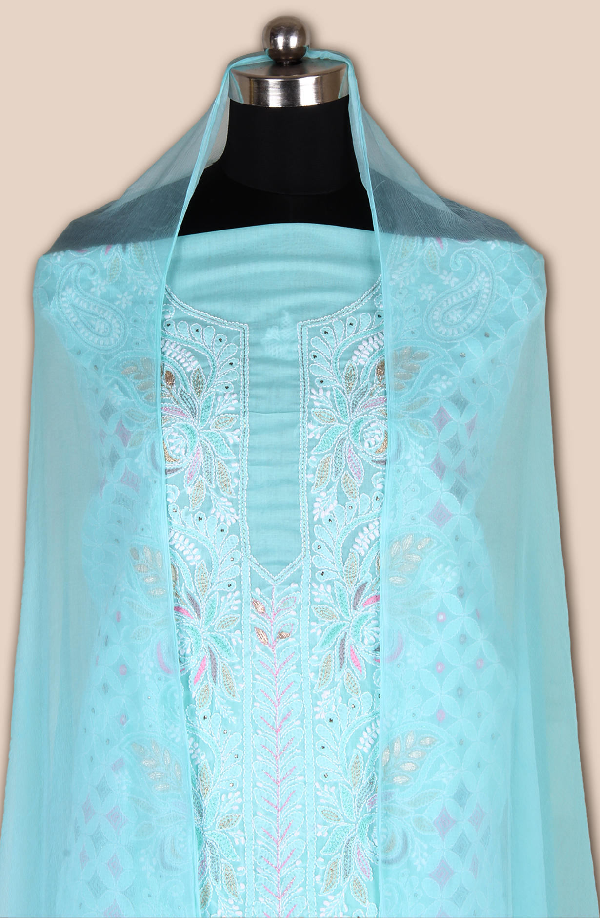 Turquoise Pure Cotton Beautiful Chikankari Embroidered Suit with Chiffon Dupatta - EMBCOT1051