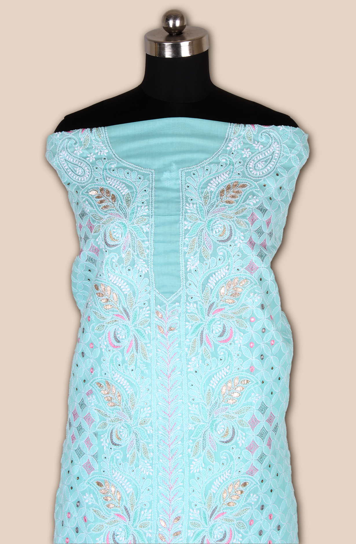 Turquoise Pure Cotton Beautiful Chikankari Embroidered Suit with Chiffon Dupatta - EMBCOT1051