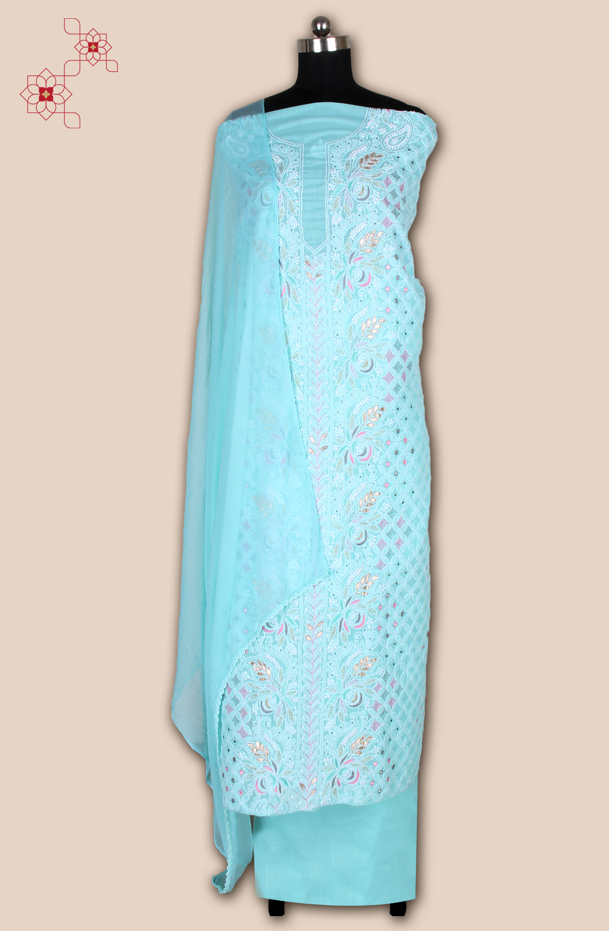 Turquoise Pure Cotton Beautiful Chikankari Embroidered Suit with Chiffon Dupatta - EMBCOT1051