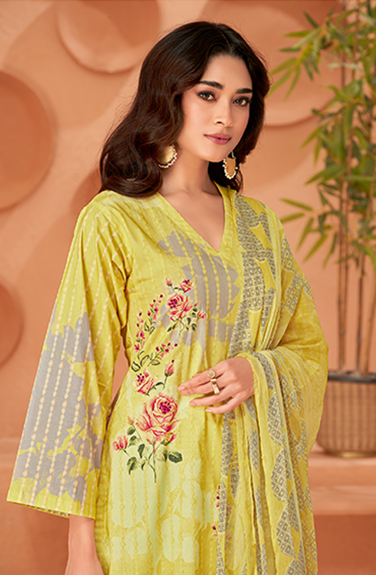 Yellow Cotton Digital Printed Unstitched Suit with Chiffon Dupatta - KHY1728