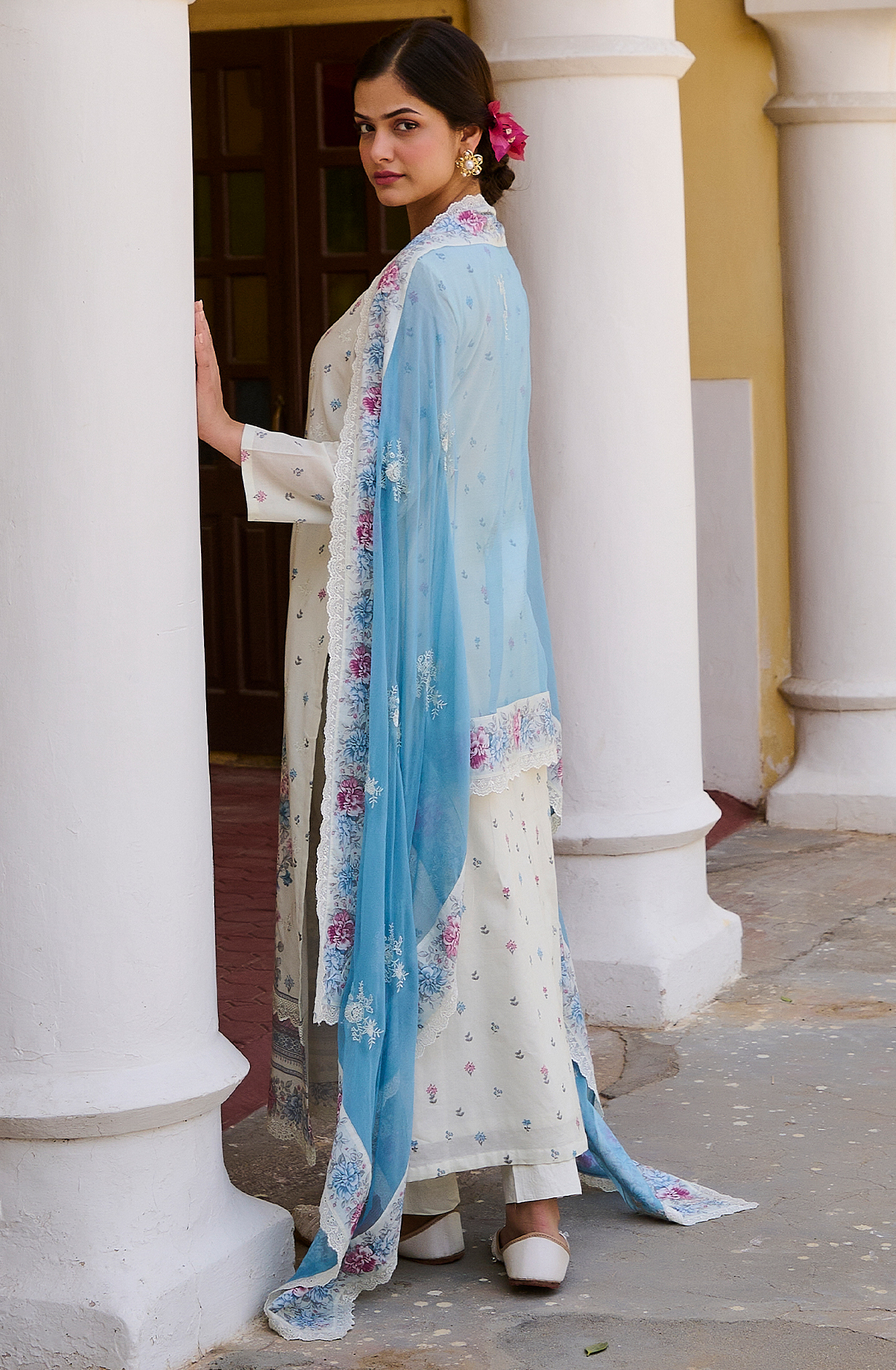 Exclusive Pure Cotton Off-white Blue Digital Printed Unstitched Suit with Chiffon Dupatta - MIG2234