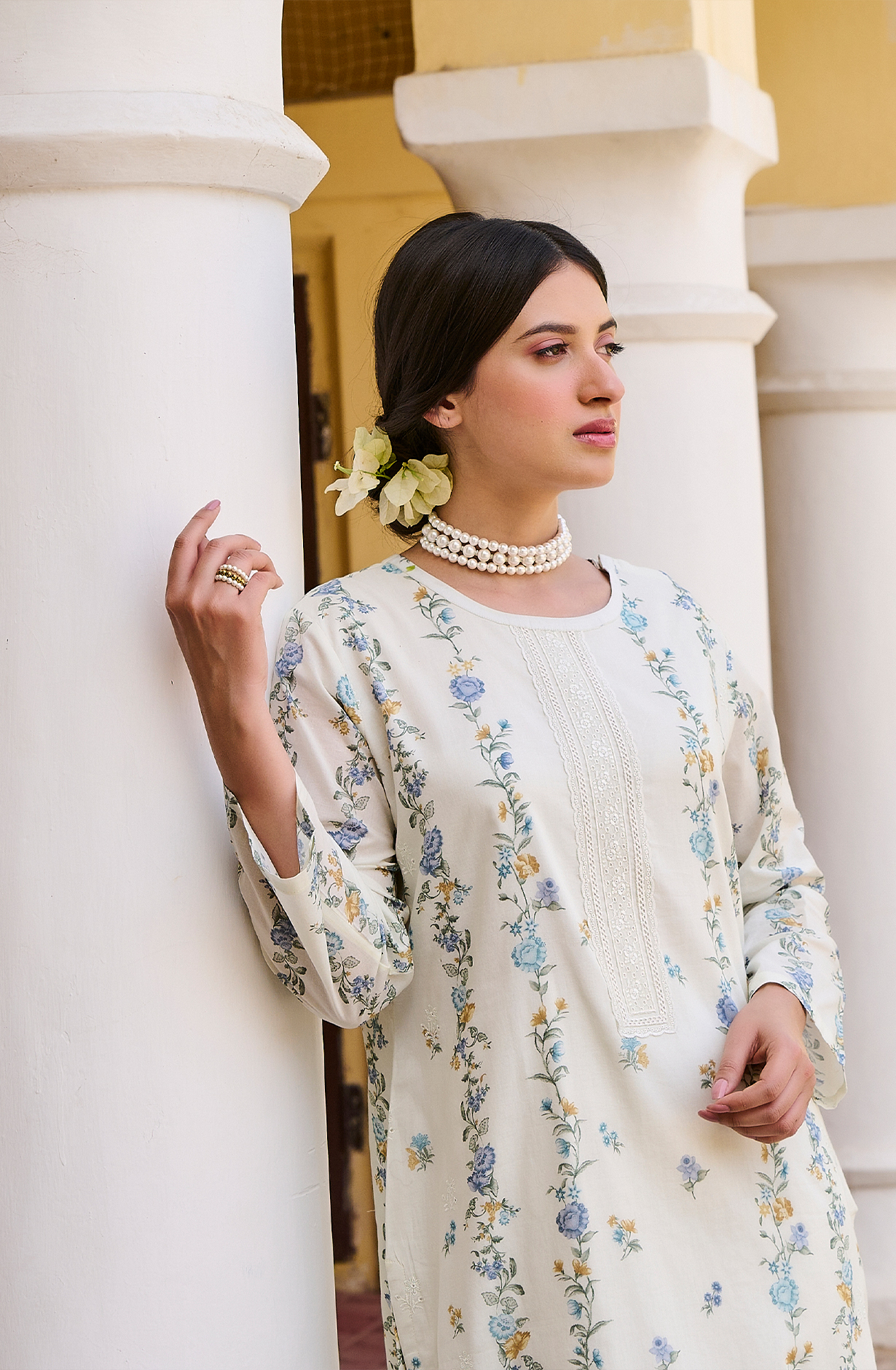 Exclusive Pure Cotton Off-white Mustard Digital Printed Unstitched Suit with Chiffon Dupatta - MIG2233