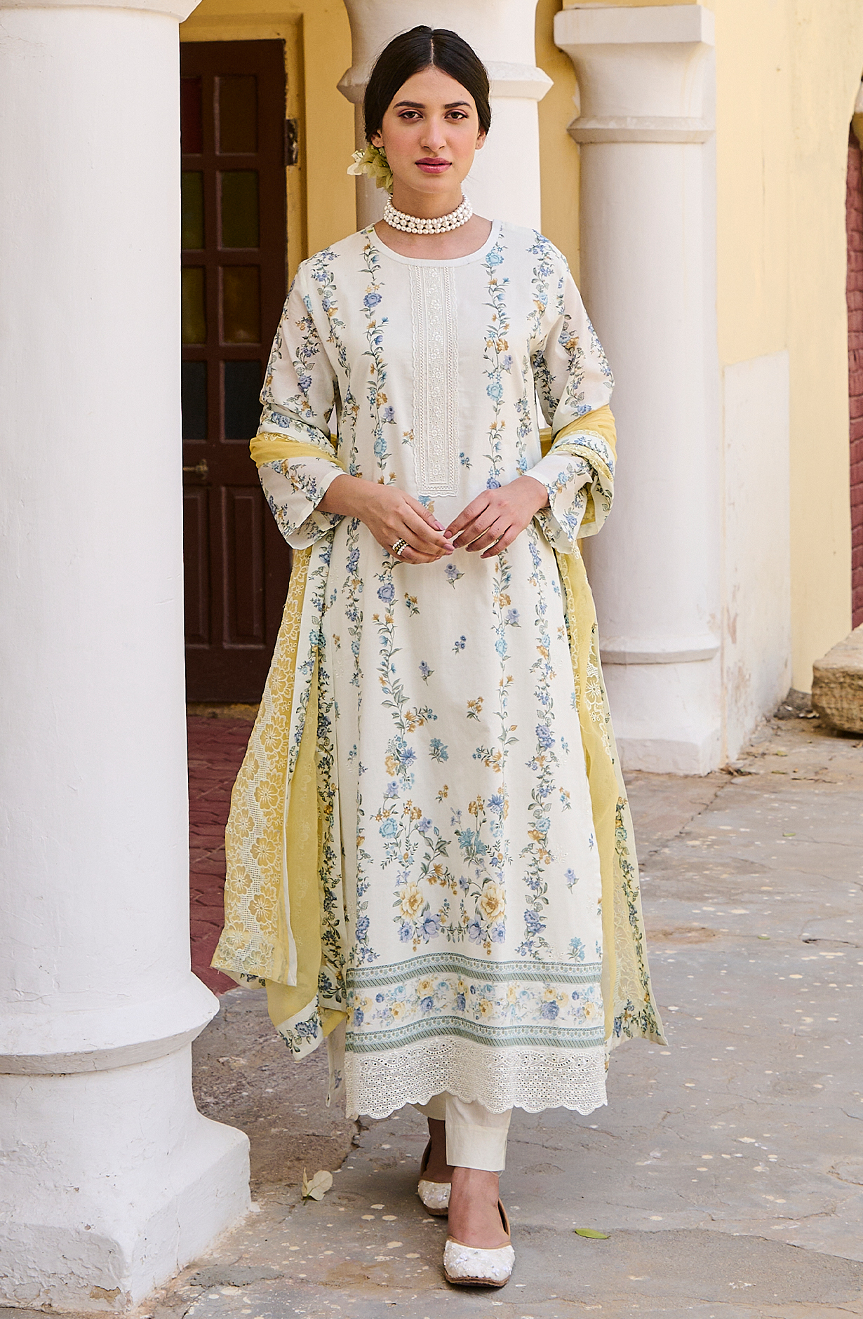 Exclusive Pure Cotton Off-white Mustard Digital Printed Unstitched Suit with Chiffon Dupatta - MIG2233