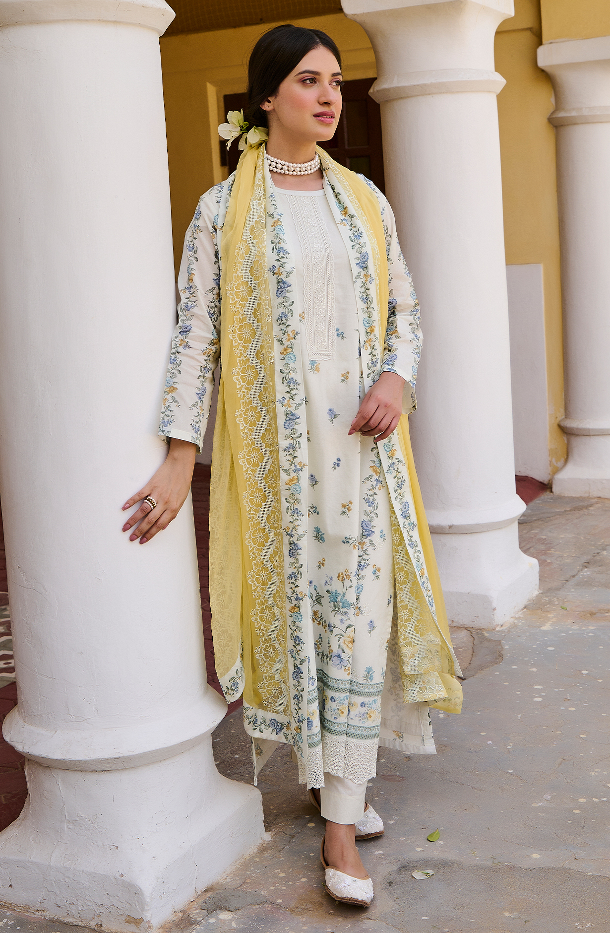 Exclusive Pure Cotton Off-white Mustard Digital Printed Unstitched Suit with Chiffon Dupatta - MIG2233