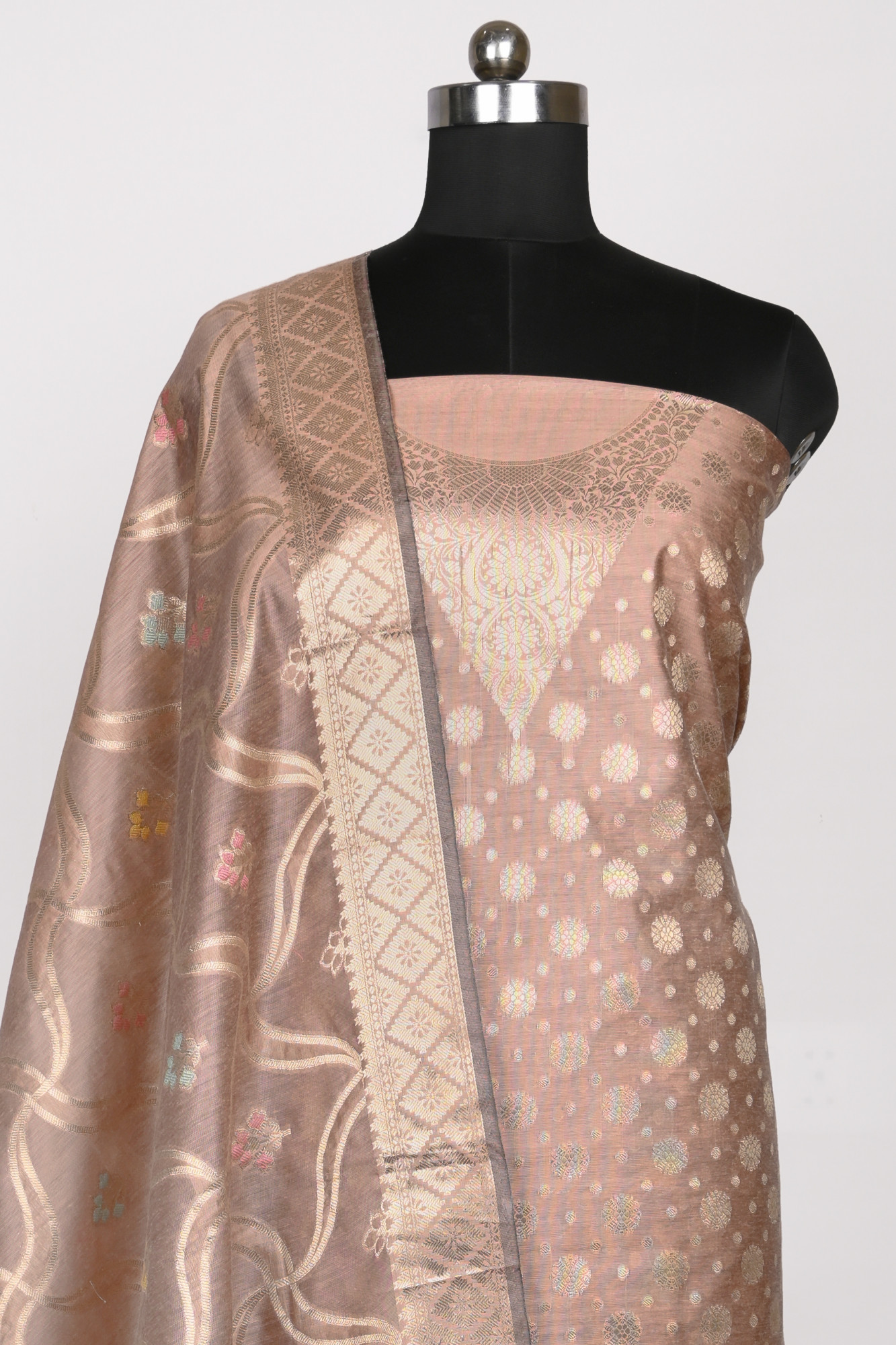 Peach Chanderi Silk Unstitch Suit Set with Dupatta - 1021-NMRNCK-2E