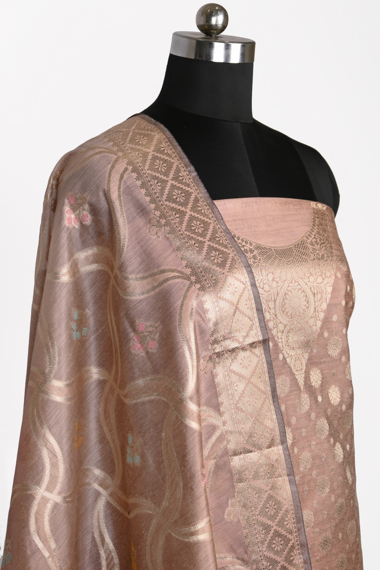Peach Chanderi Silk Unstitch Suit Set with Dupatta - 1021-NMRNCK-2E