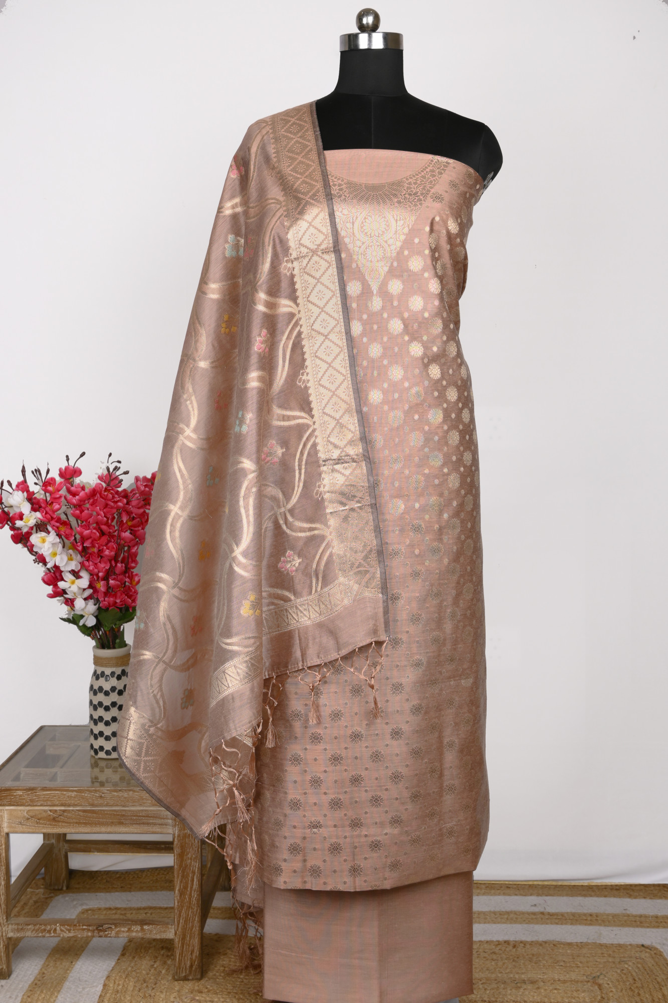 Peach Chanderi Silk Unstitch Suit Set with Dupatta - 1021-NMRNCK-2E