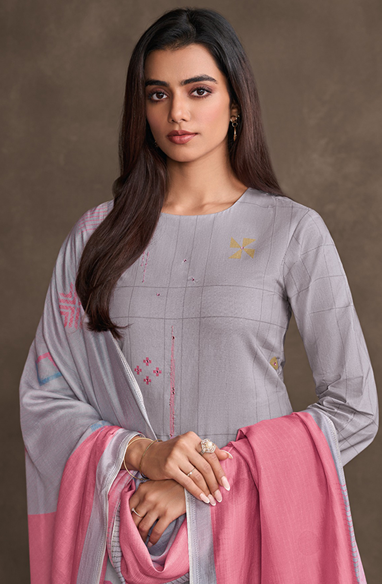 Grey Lawn Cotton Suit Set with Dupatta - STE7401C