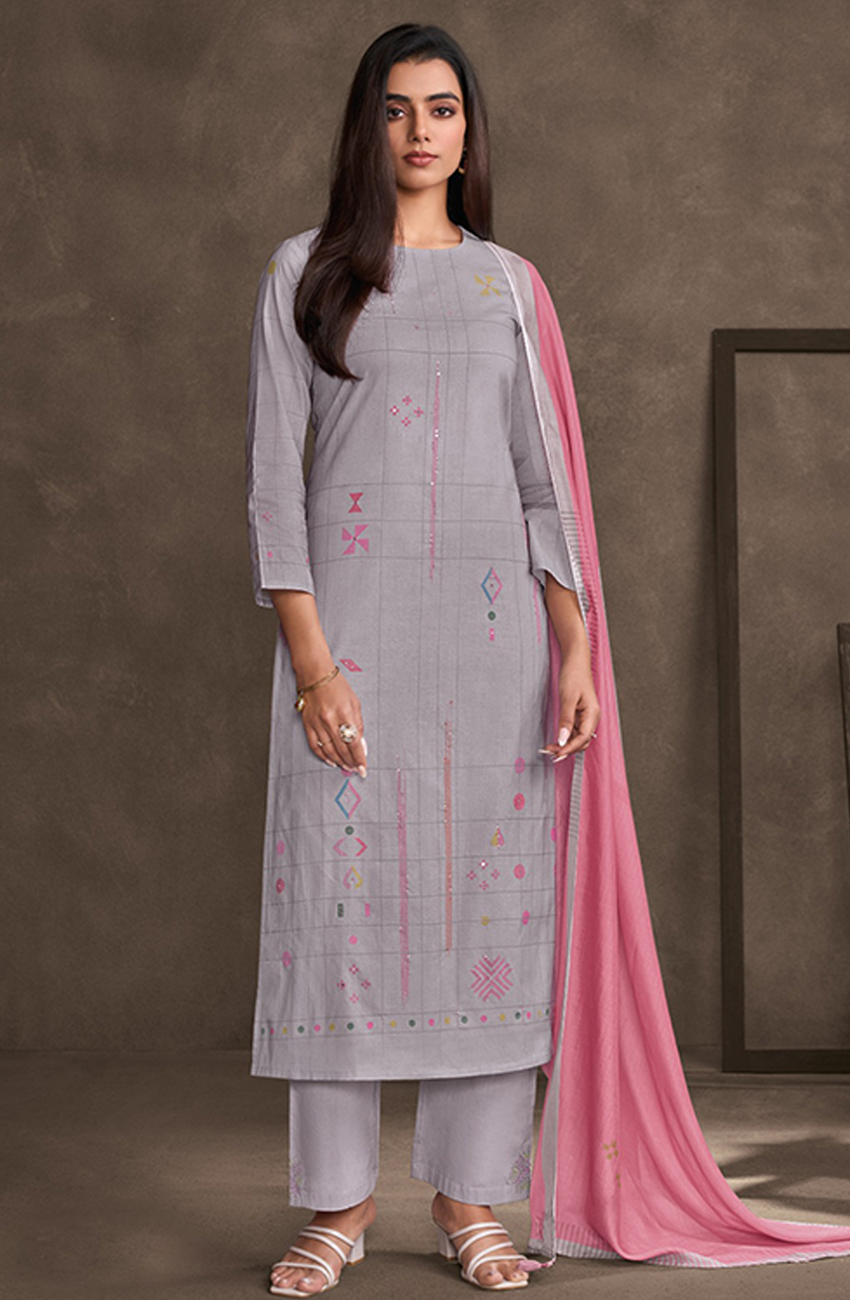 Grey Lawn Cotton Suit Set with Dupatta - STE7401C
