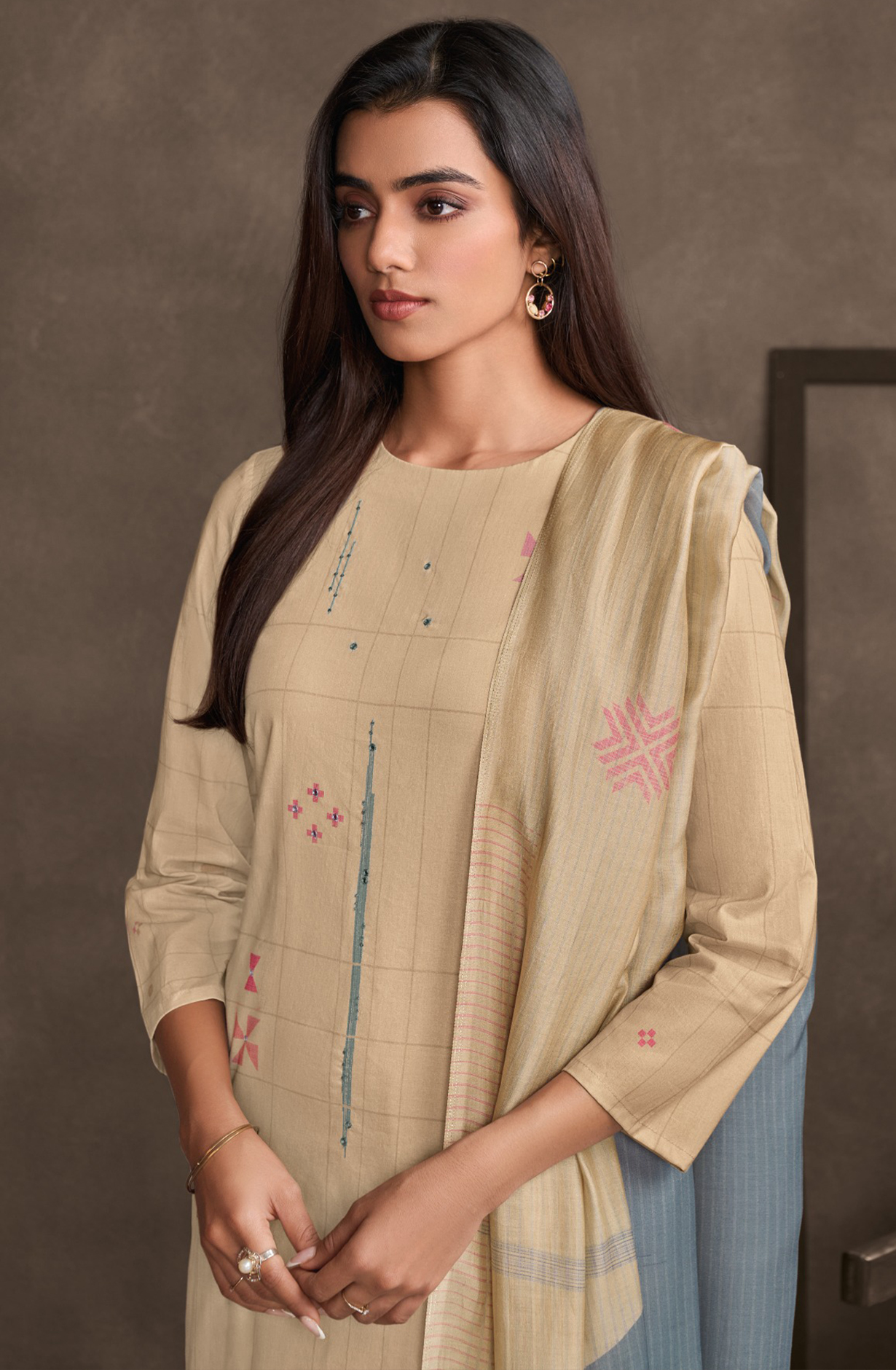 Beige Lawn Cotton Suit Set with Dupatta - STE7401B