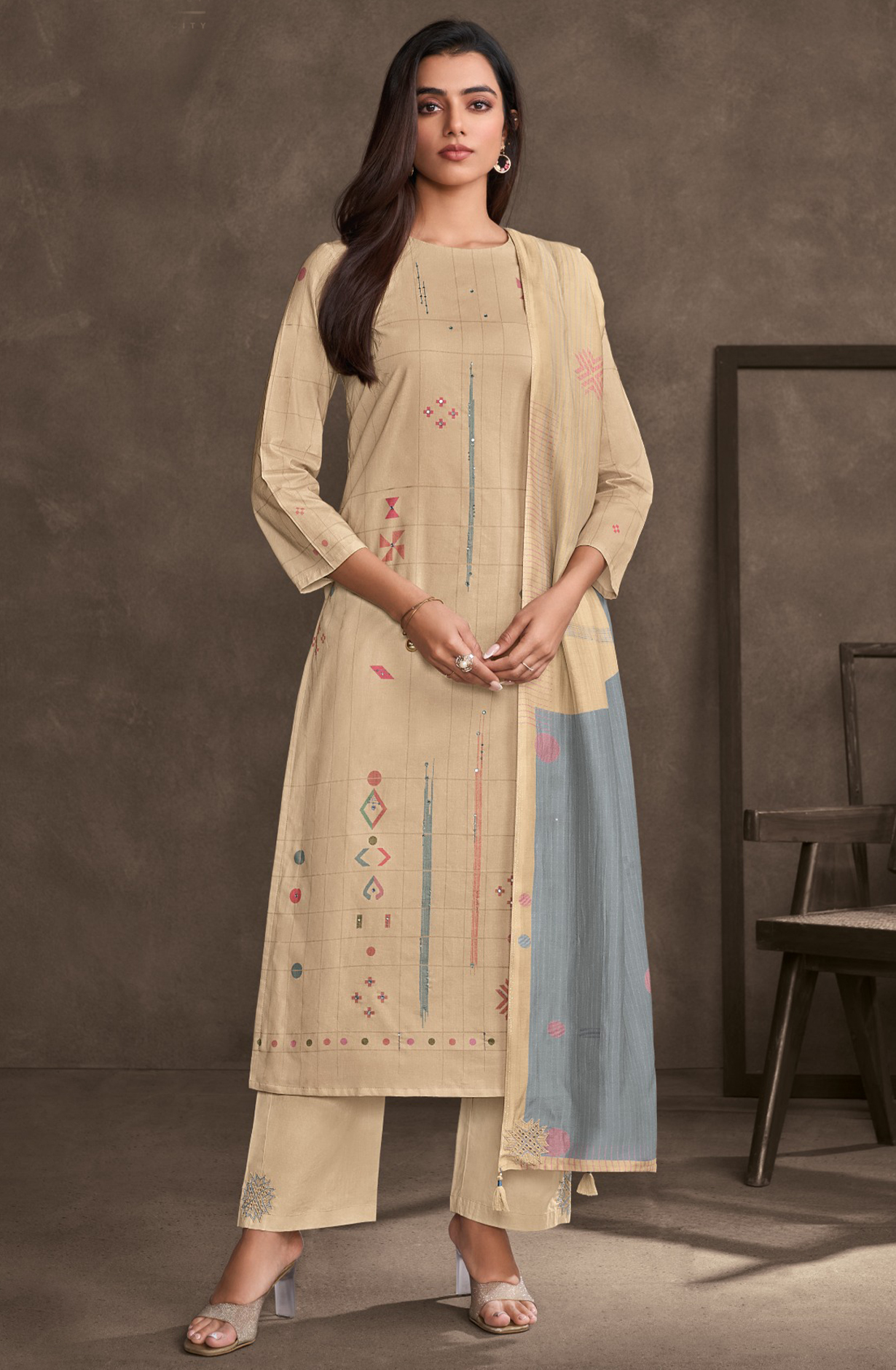 Beige Lawn Cotton Suit Set with Dupatta - STE7401B