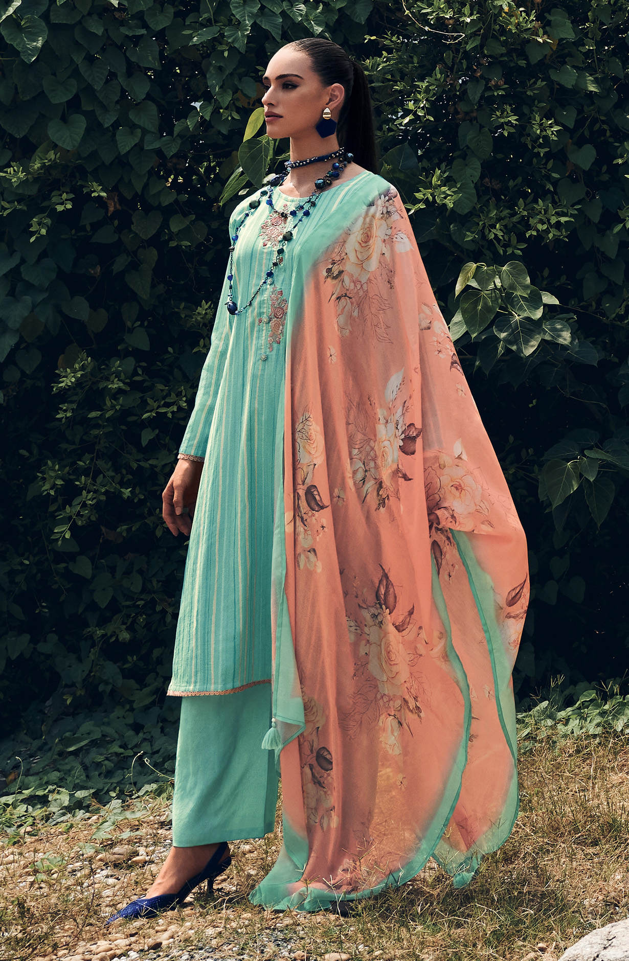 Turquoise Cotton Digital Print with Embroidery Salwar Suit - RIH04