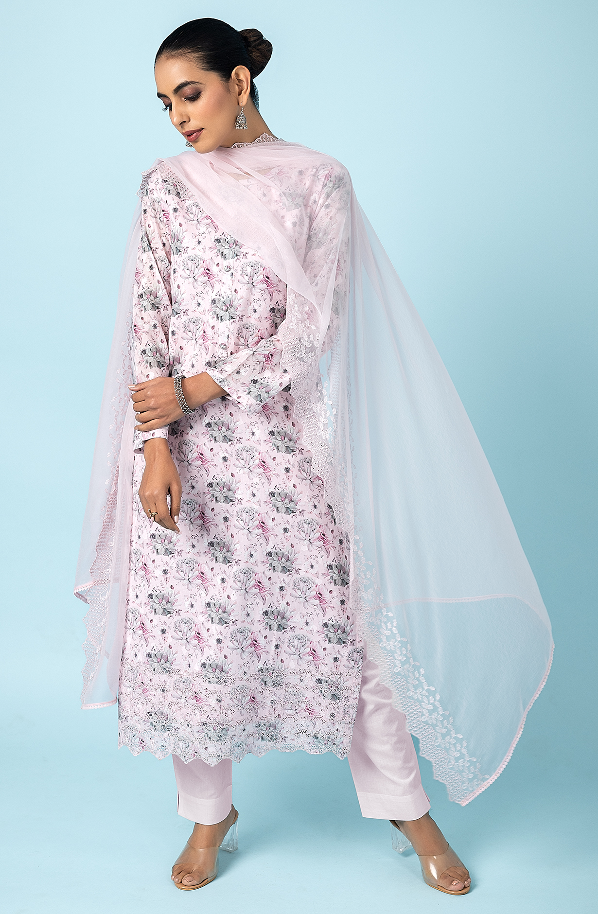 Baby Pink Exclusive Pure Cotton Jacquard Salwar Kameez with Chiffon Dupatta - FOL2218A