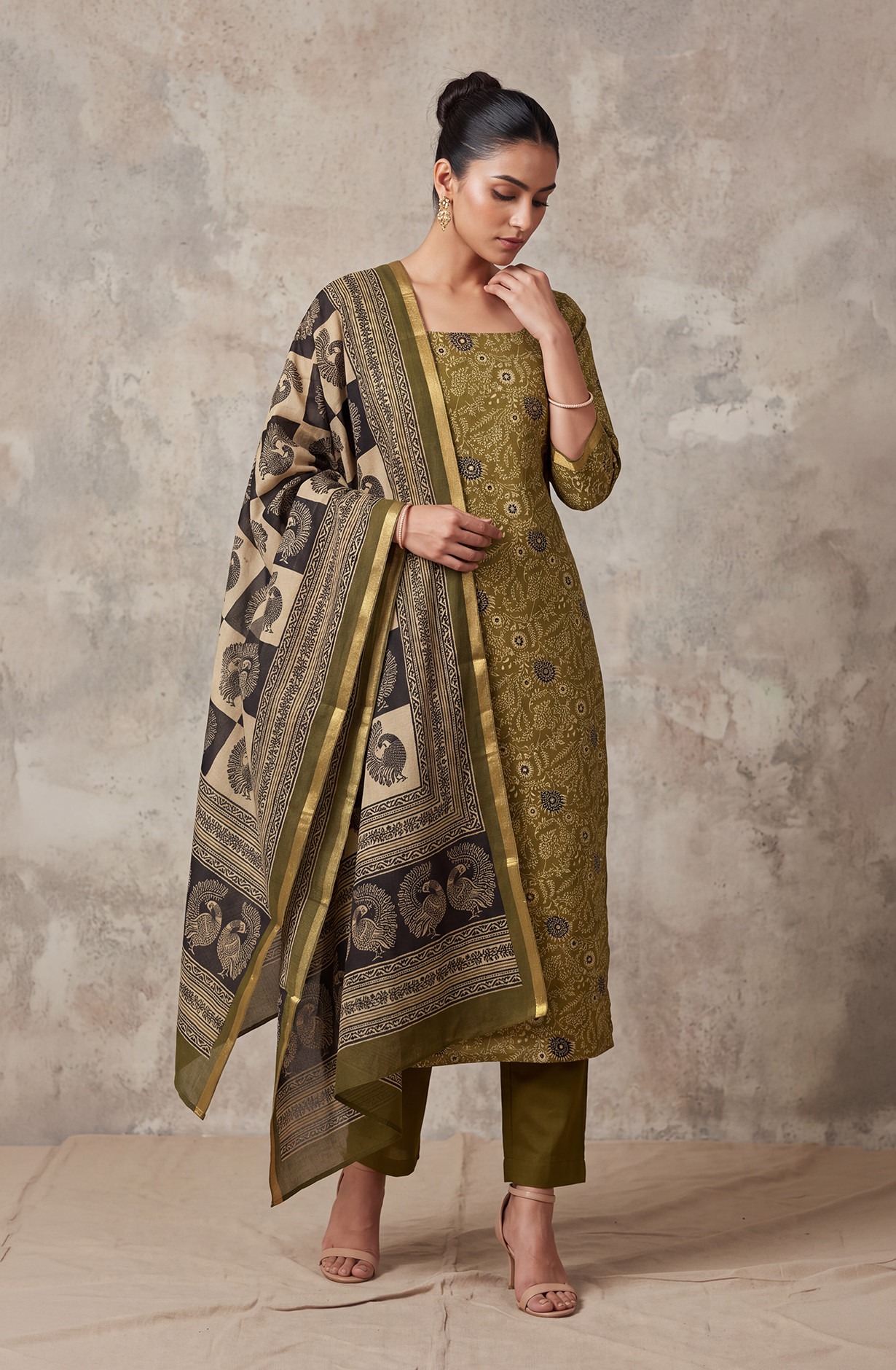 Mehndi Cotton Silk Unstitched Suit Set with Beautiful Dupatta - 983-6824D