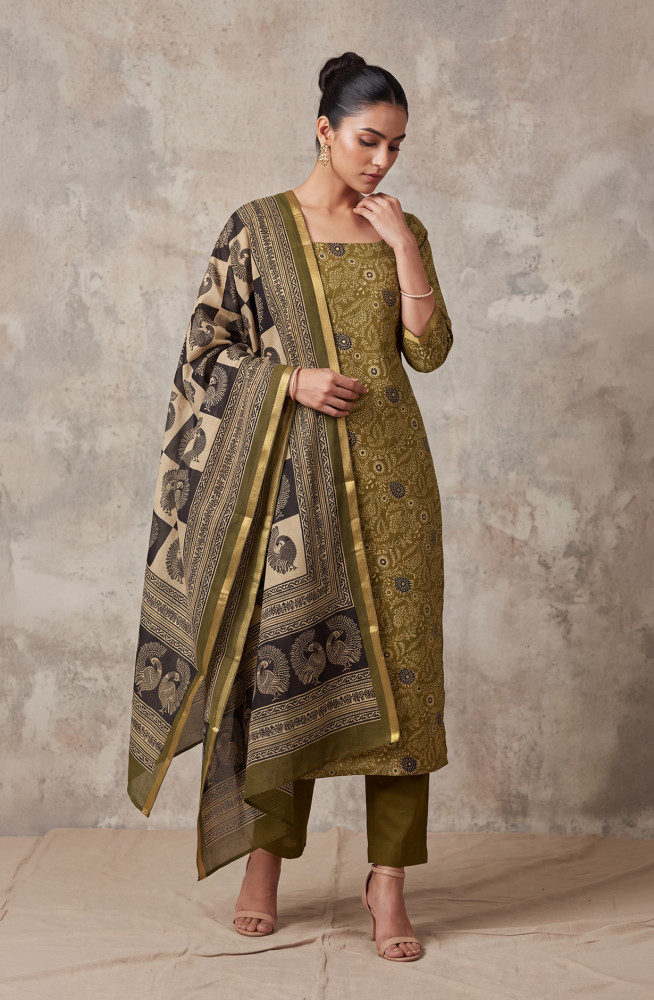 Image of Mehndi Cotton Silk Unstitched Suit Set with Beautiful Dupatta - 983-6824D