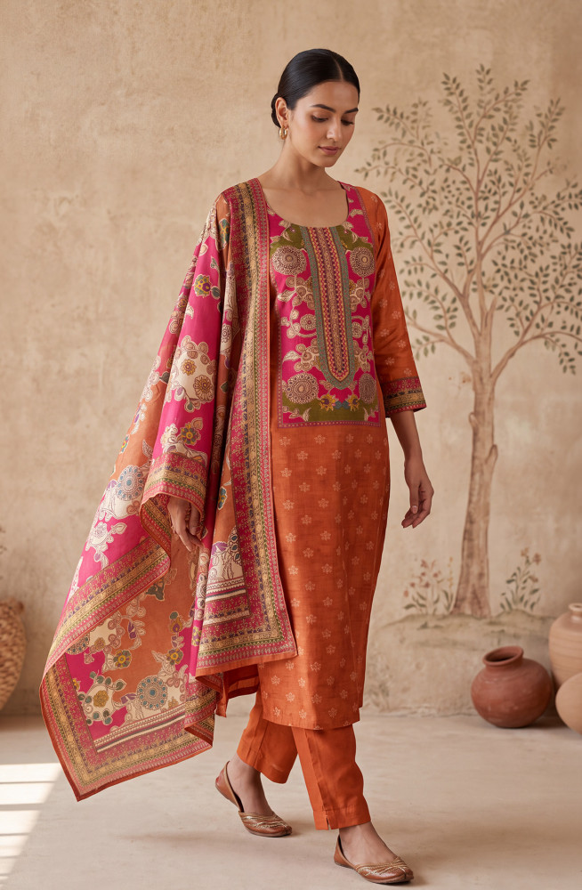 Image of Orange Satin Silk Beautiful Suit Set with Dupatta - 131-MT0645