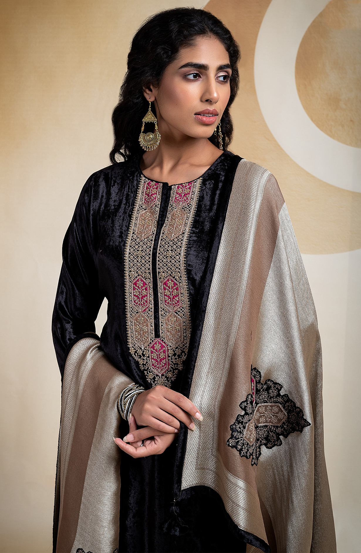 Black Velvet Embroideried and Handworked Suit with Beautiful Dupatta - R157-SPR2068
