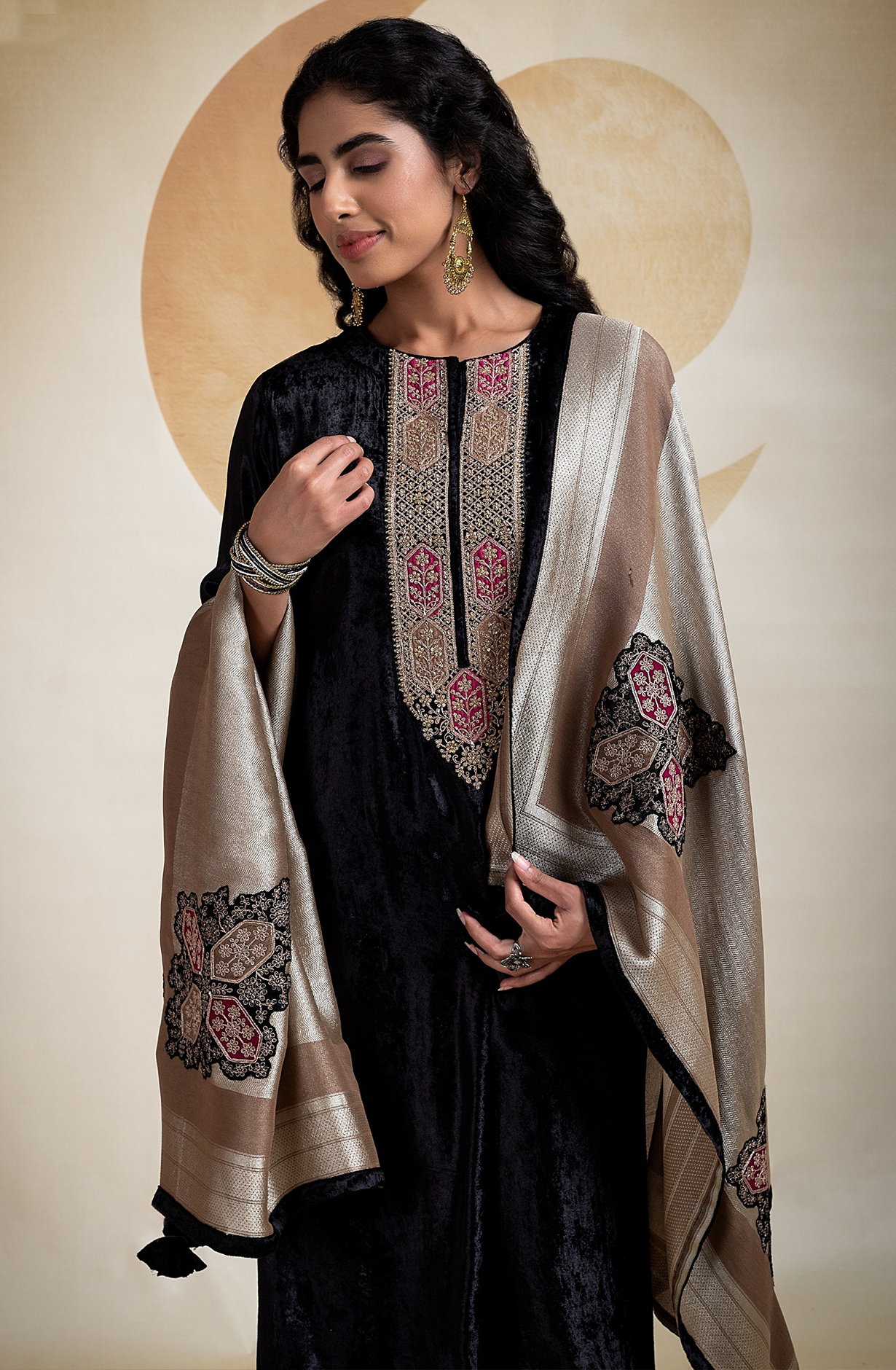 Black Velvet Embroideried and Handworked Suit with Beautiful Dupatta - R157-SPR2068