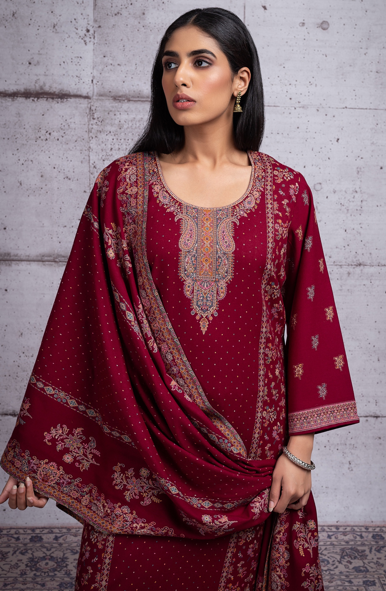 Maroon Pashmina Woven Jacquard Salwaar Kameez - 1000-8129B