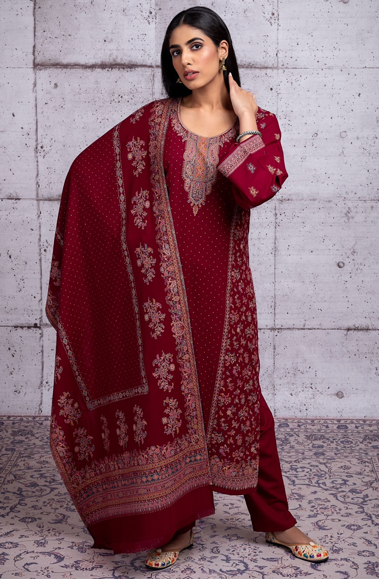 Maroon Pashmina Woven Jacquard Salwaar Kameez - 1000-8129B