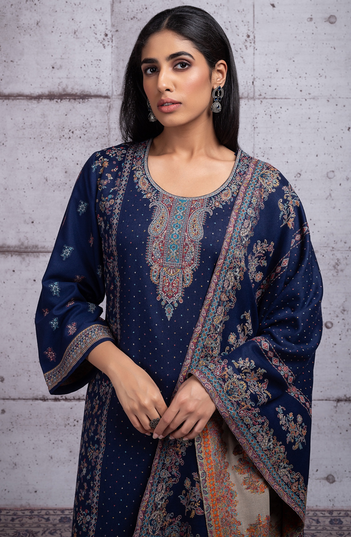 Blue Pashmina Woven Jacquard Salwaar Kameez - 1000-8129