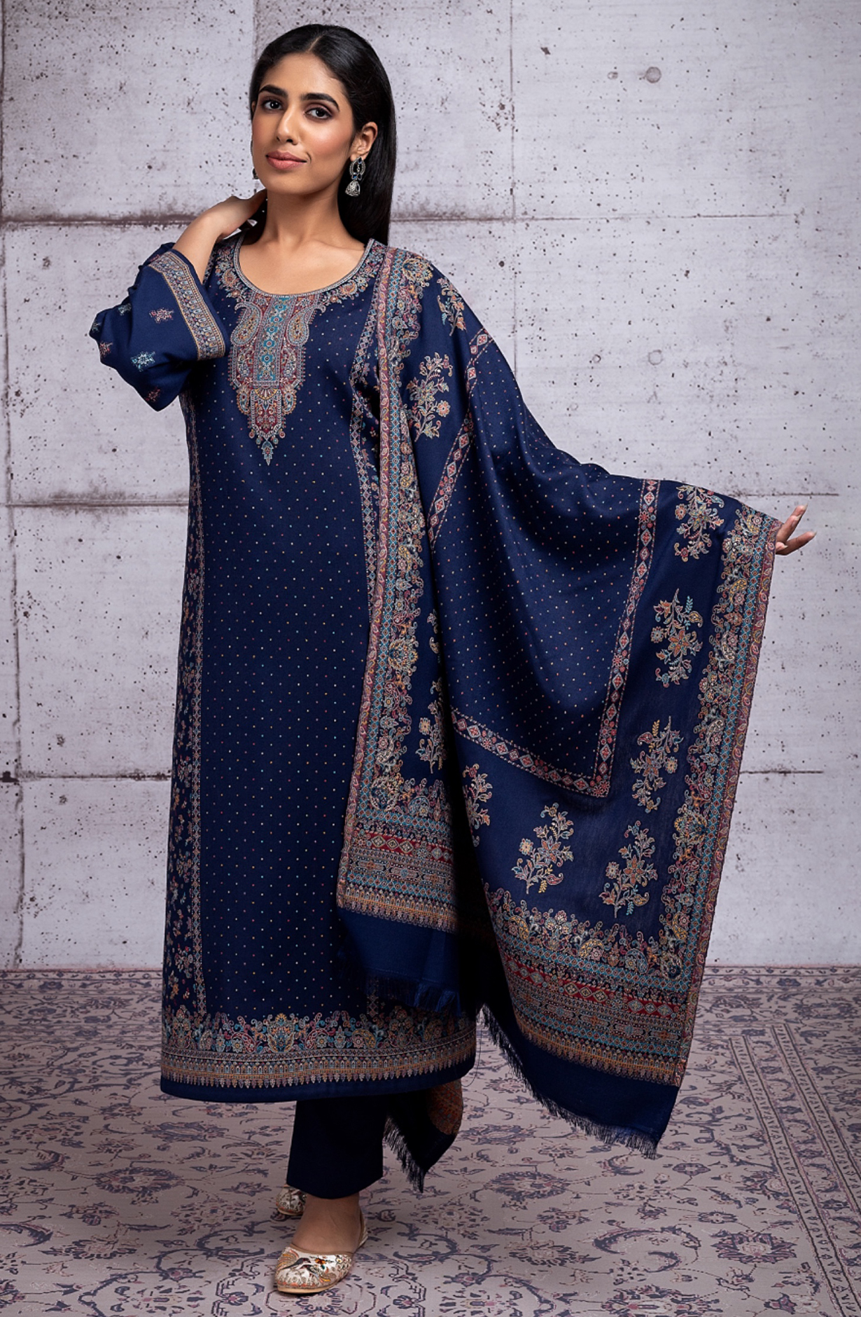Blue Pashmina Woven Jacquard Salwaar Kameez - 1000-8129