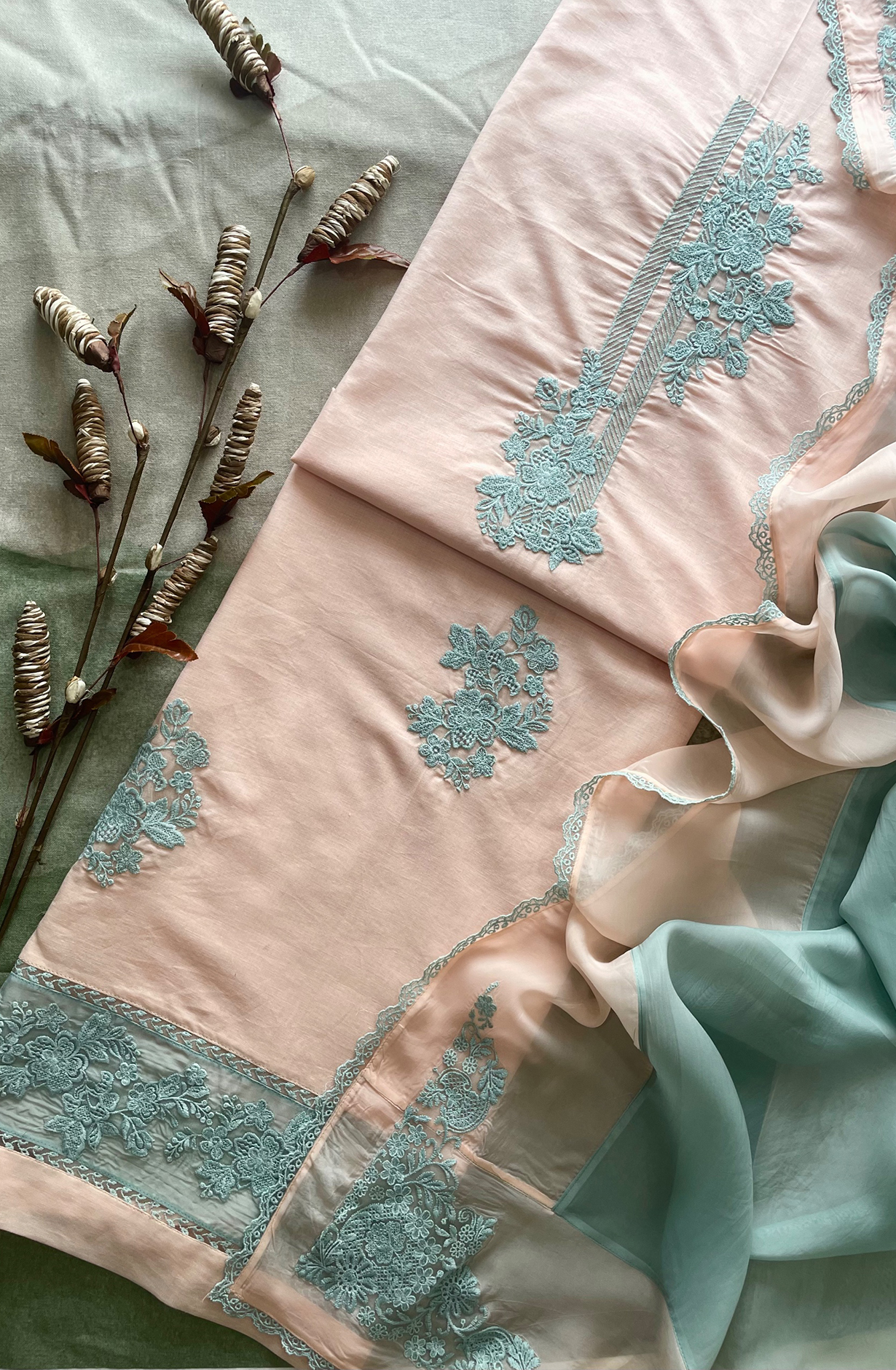 Orange Luxury Linen Unstitched Embroidered Salwar Kameez with Organza Dupatta - FOR2251A