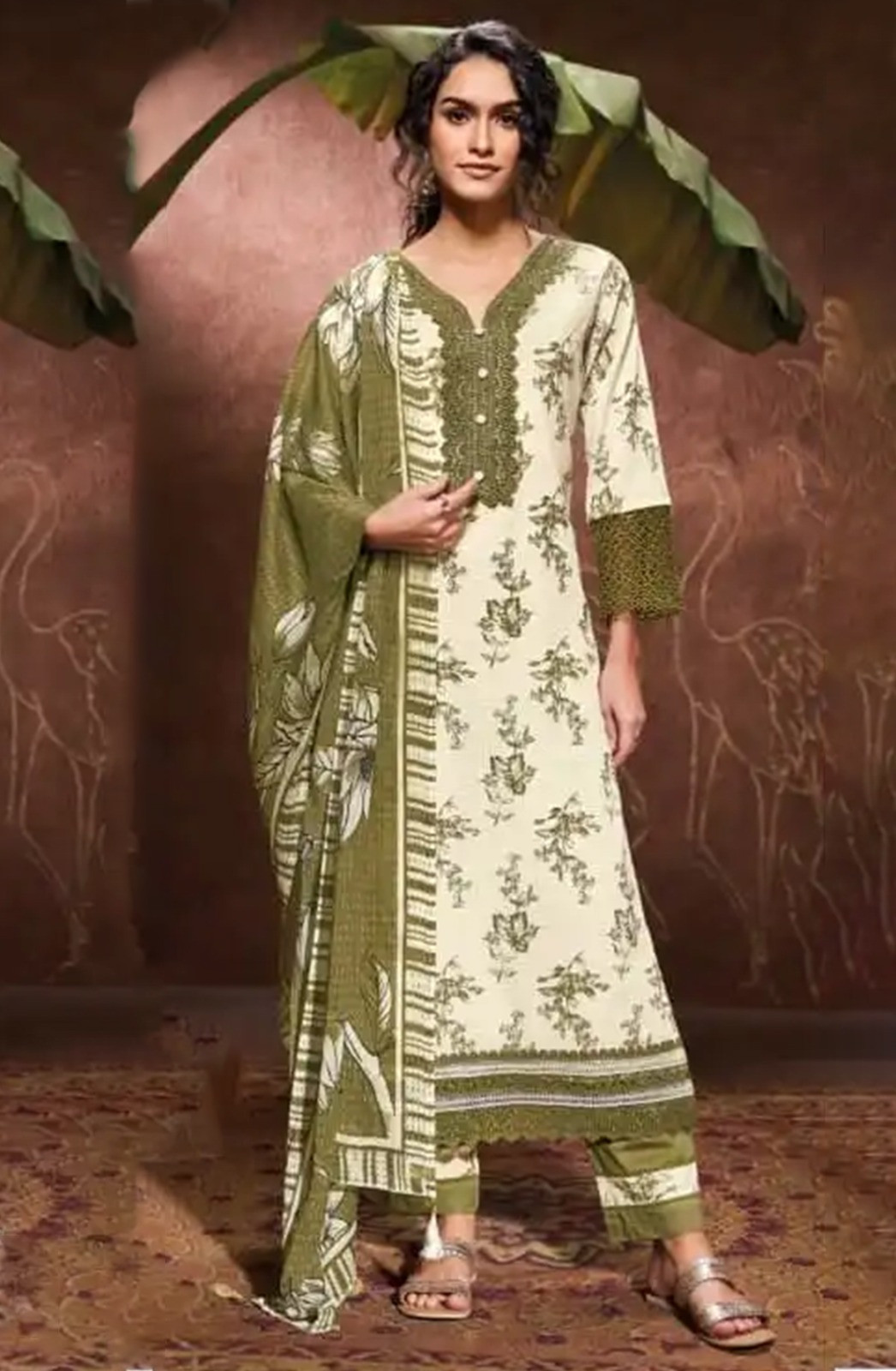 Mehndi Cotton Suit Set with Dupatta - REY10189