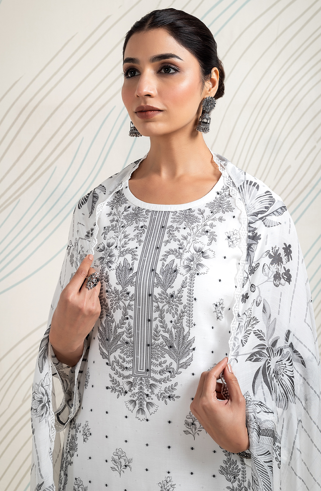 White and Black Pure Muslin Dobby Printed with Embroidery Salwar Kameez - LAM2166
