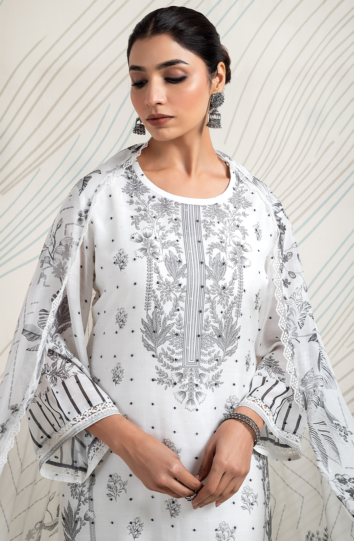 White and Black Pure Muslin Dobby Printed with Embroidery Salwar Kameez - LAM2166