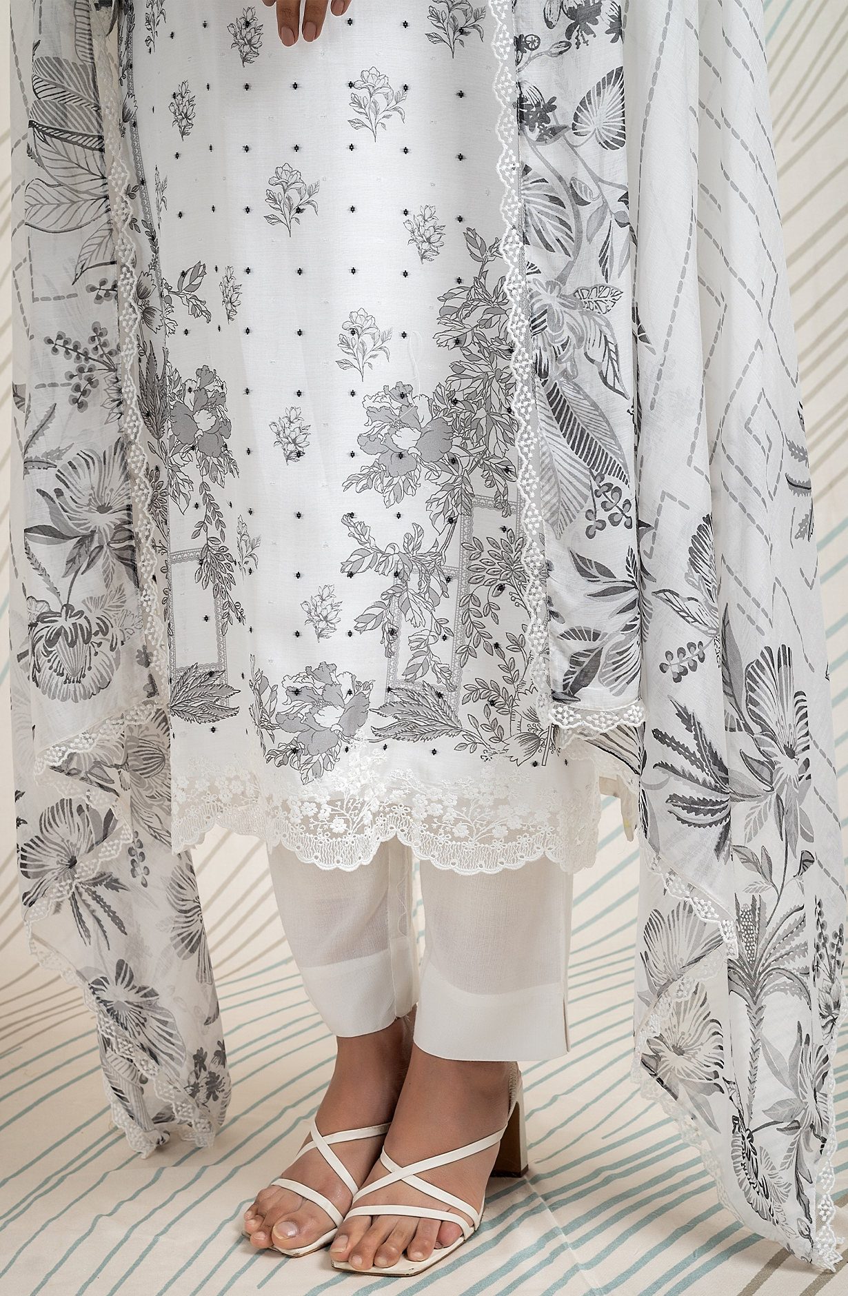White and Black Pure Muslin Dobby Printed with Embroidery Salwar Kameez - LAM2166