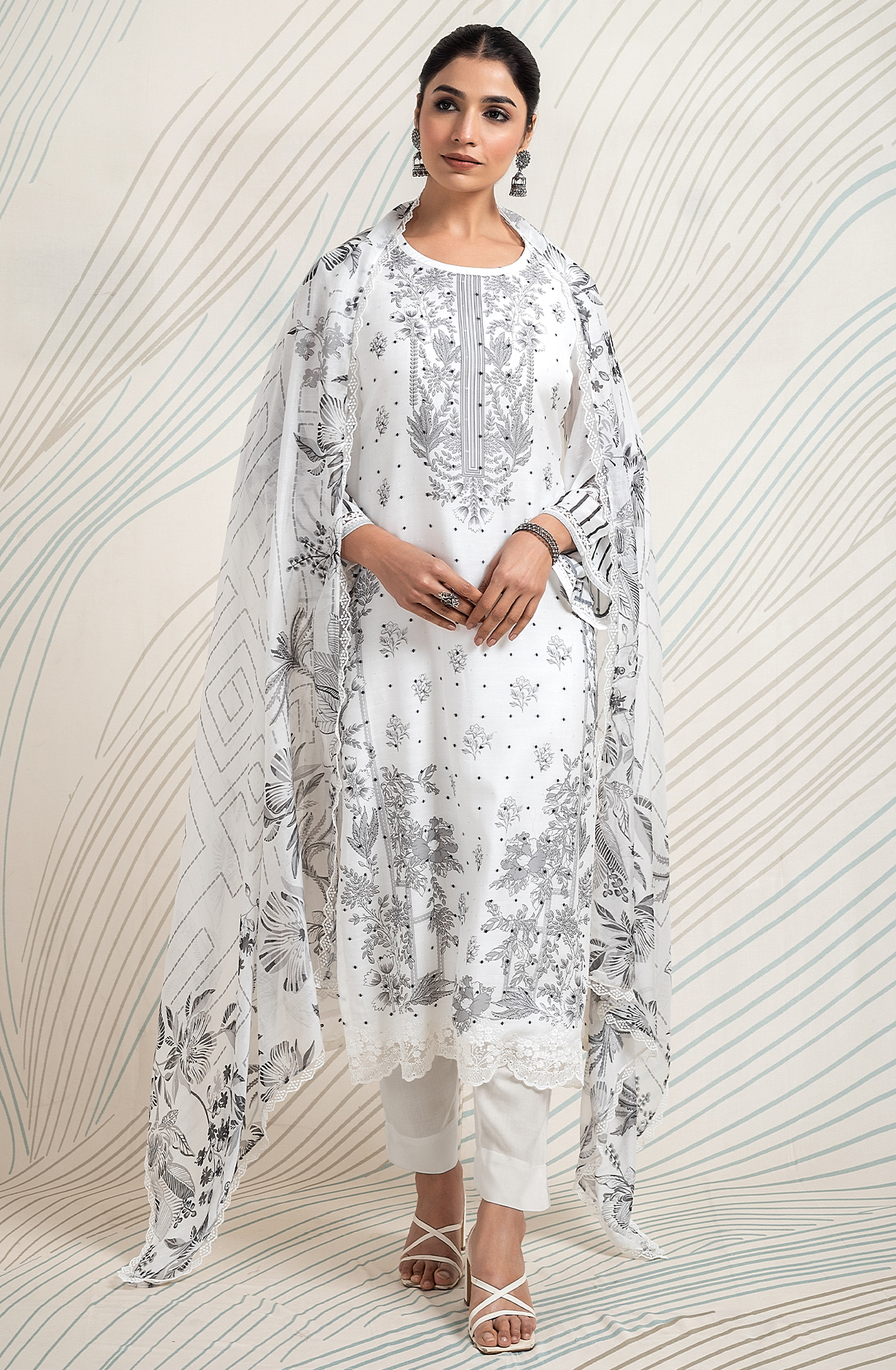 White and Black Pure Muslin Dobby Printed with Embroidery Salwar Kameez - LAM2166