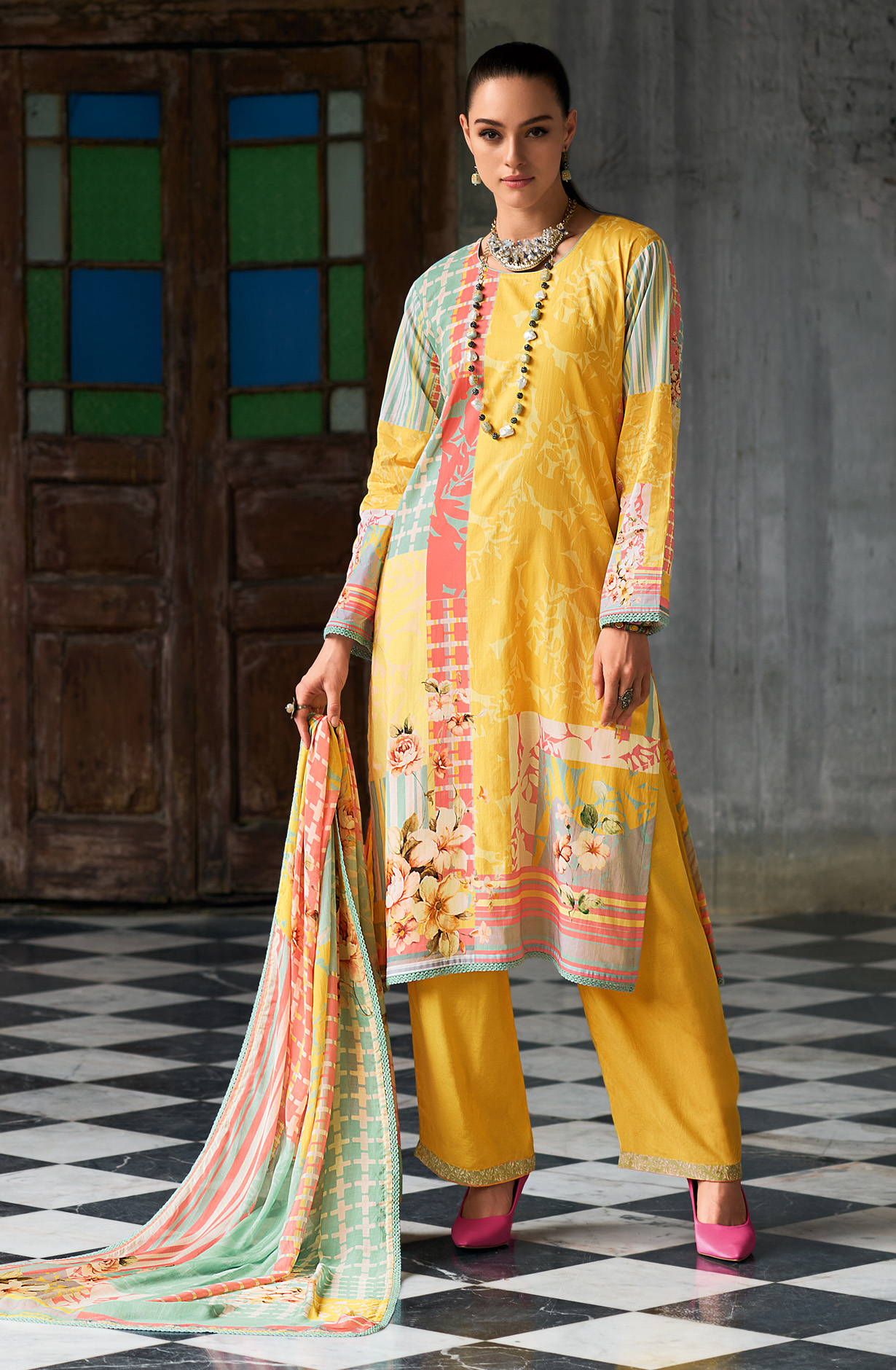 Yellow Cotton Voile Digital Printed Suit with Dupatta - HUEH0S03