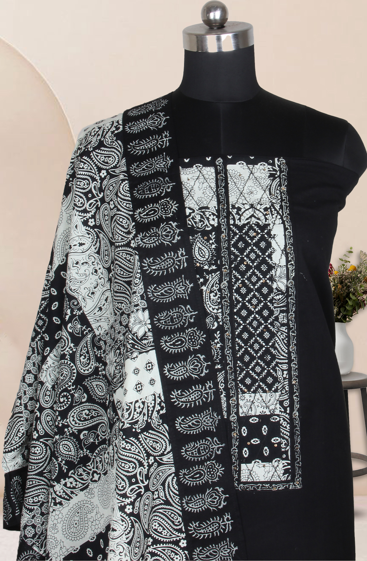 Black Cotton Unstitched Block Print Salwar Dress Material with Stole Dupatta - 944-5708