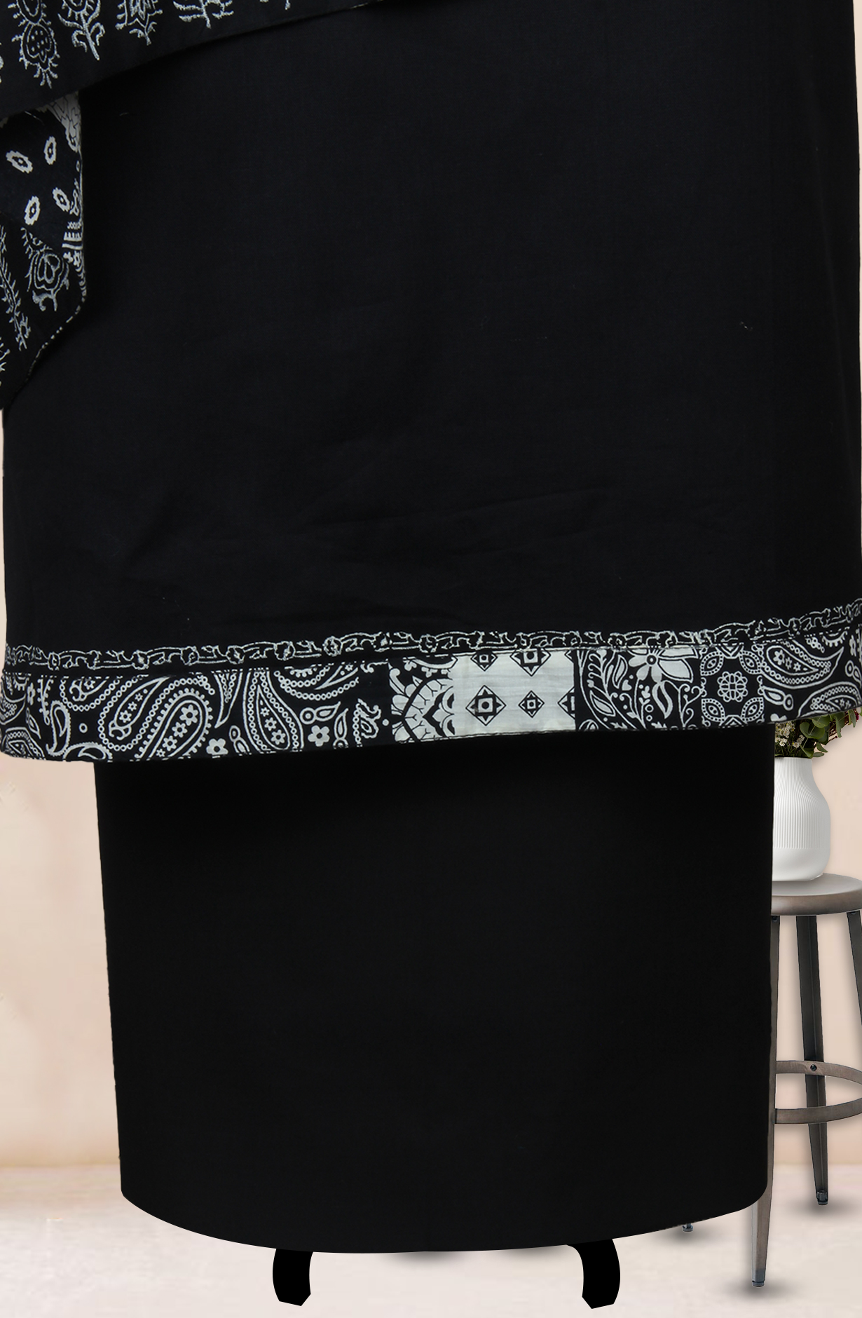 Black Cotton Unstitched Block Print Salwar Dress Material with Stole Dupatta - 944-5708