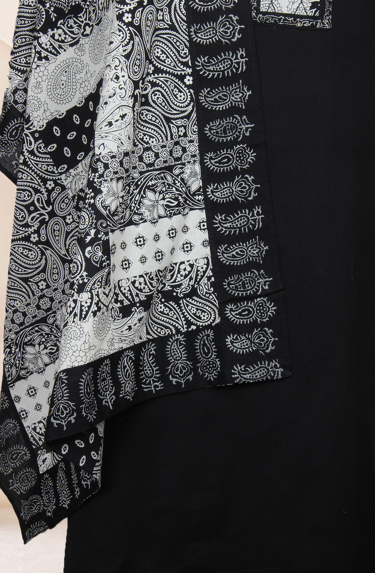 Black Cotton Unstitched Block Print Salwar Dress Material with Stole Dupatta - 944-5708