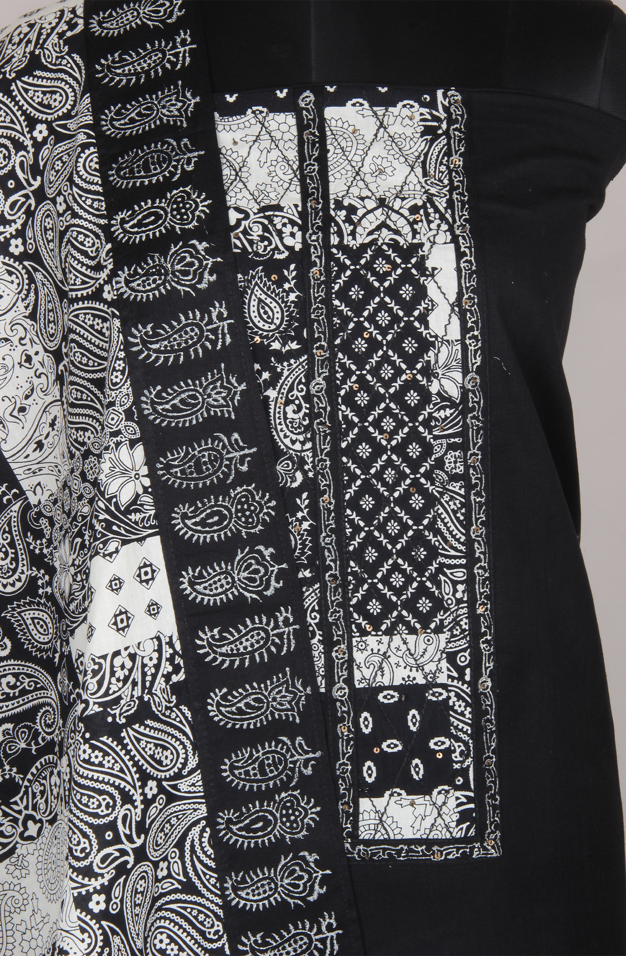 Black Cotton Unstitched Block Print Salwar Dress Material with Stole Dupatta - 944-5708
