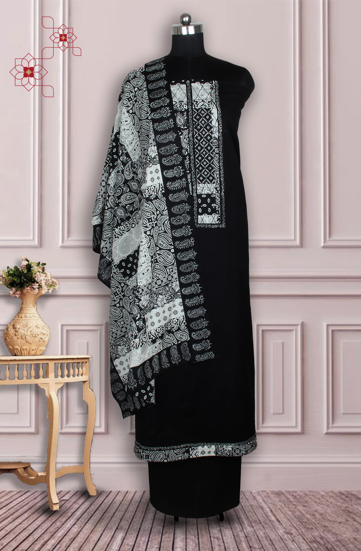 Black Cotton Unstitched Block Print Salwar Dress Material with Stole Dupatta - 944-5708