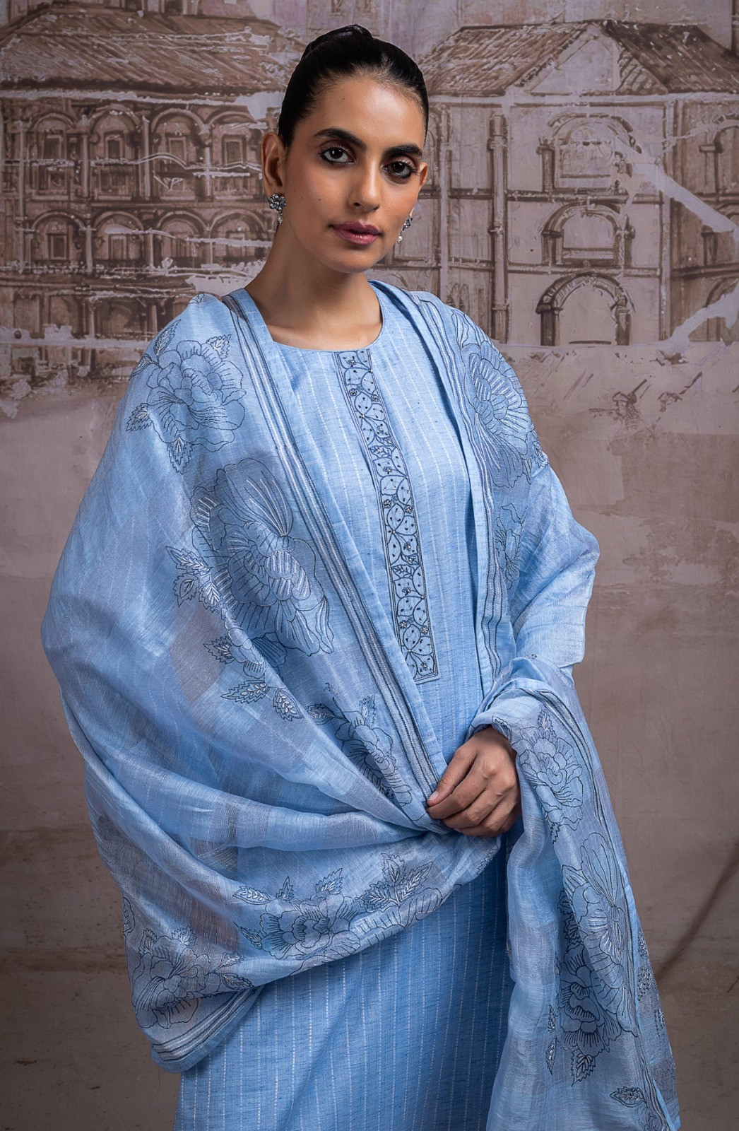 Blue Cotton Handloom Jacquard Beautiful Suit with Dupatta - R157-SPR2738