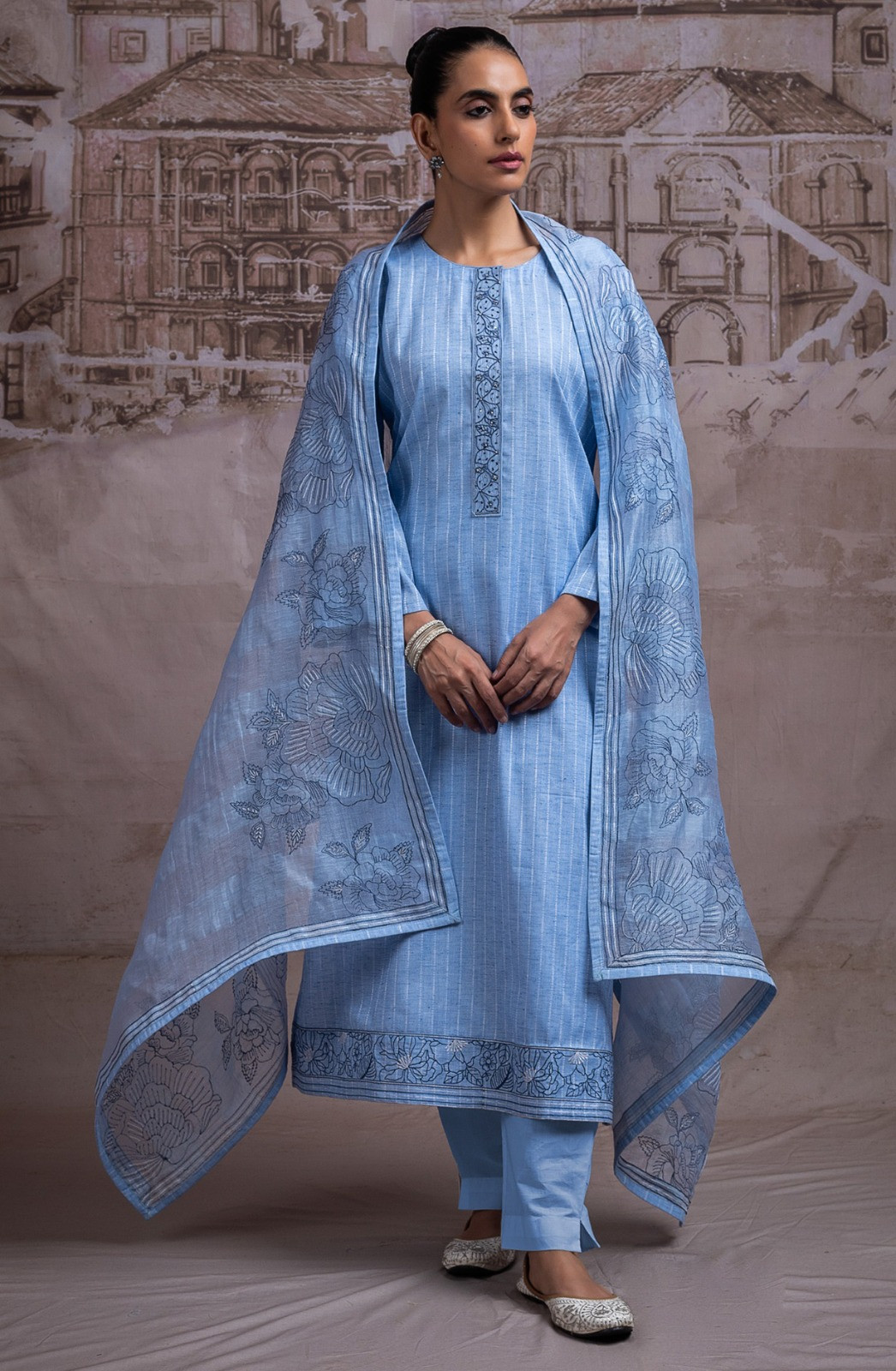 Blue Cotton Handloom Jacquard Beautiful Suit with Dupatta - R157-SPR2738