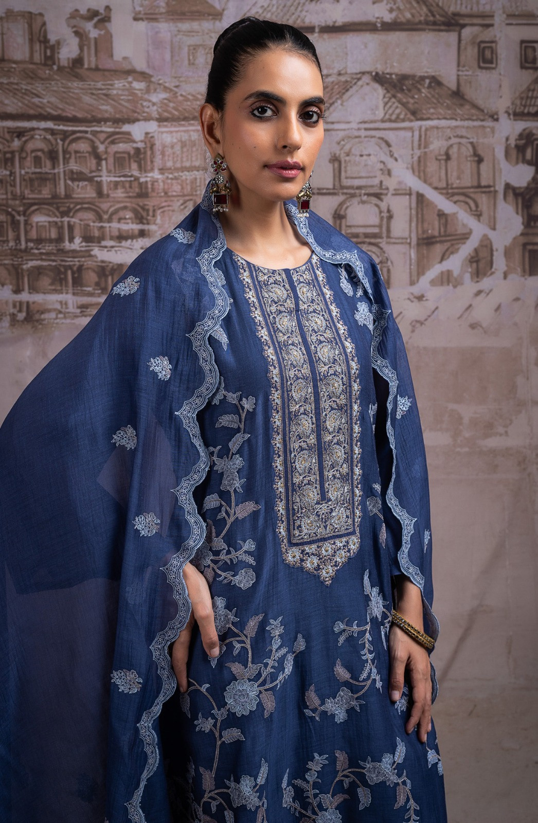 Blue Pure Mul Chanderi Beautiful Unstitched Suit with Dupatta - R157-SPR2732